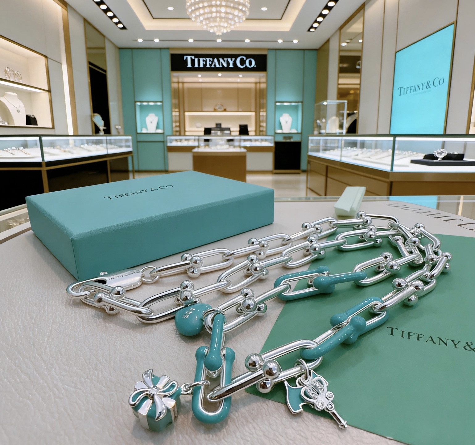 Tiffany Co HardWear Charms necklace sterling silver with Tiffany Blue enamel accents 18 inches
