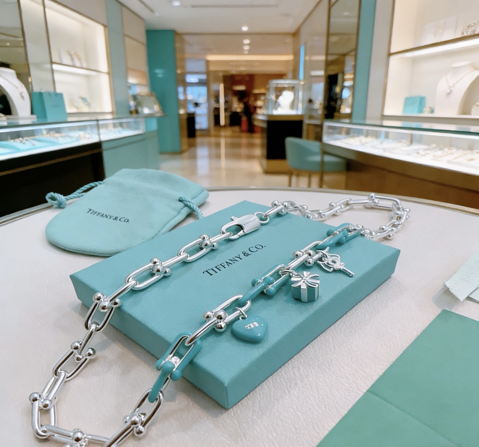 Tiffany Co HardWear Charms necklace sterling silver with Tiffany Blue enamel accents 18 inches