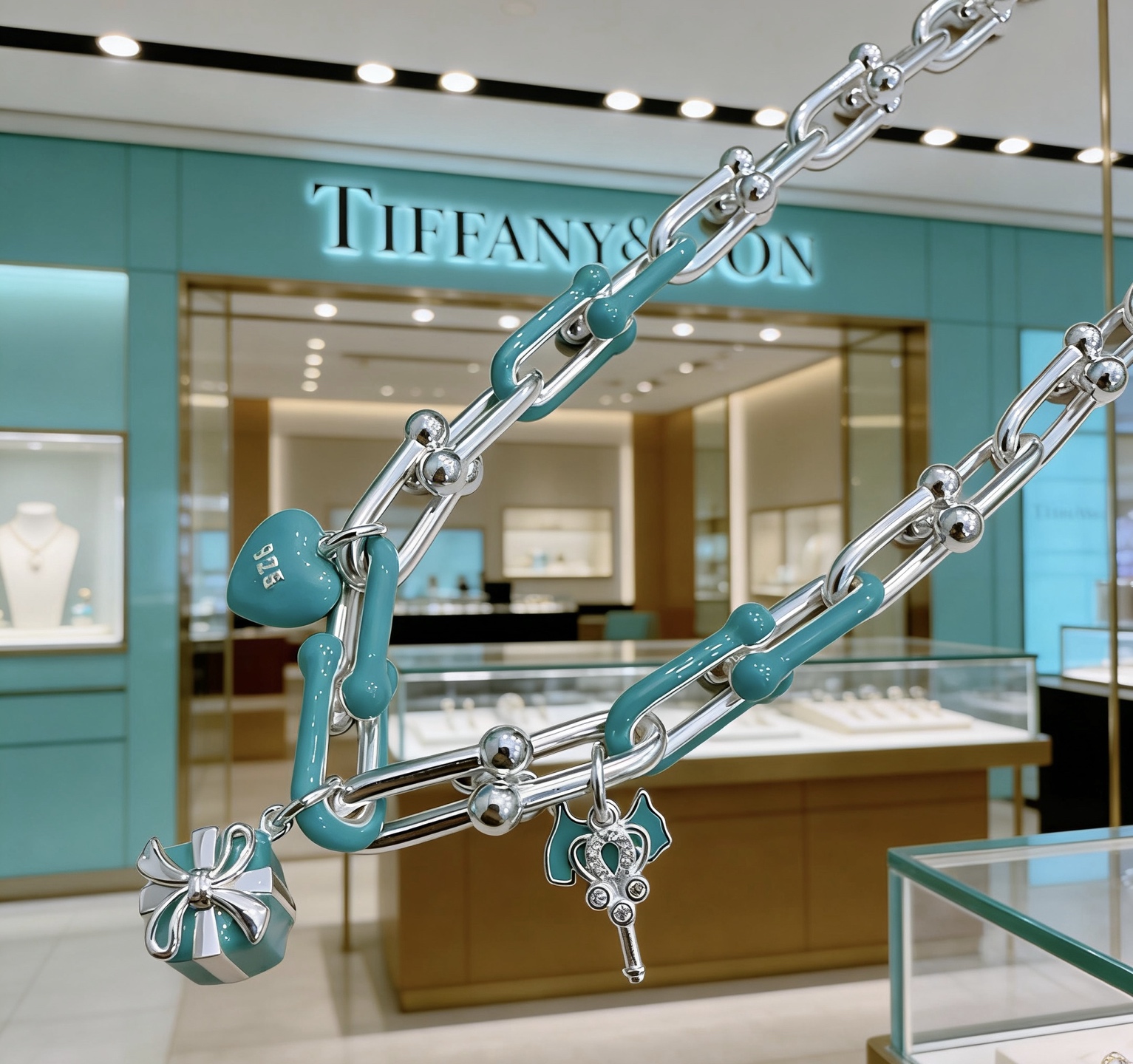 Tiffany Co HardWear Charms necklace sterling silver with Tiffany Blue enamel accents 18 inches