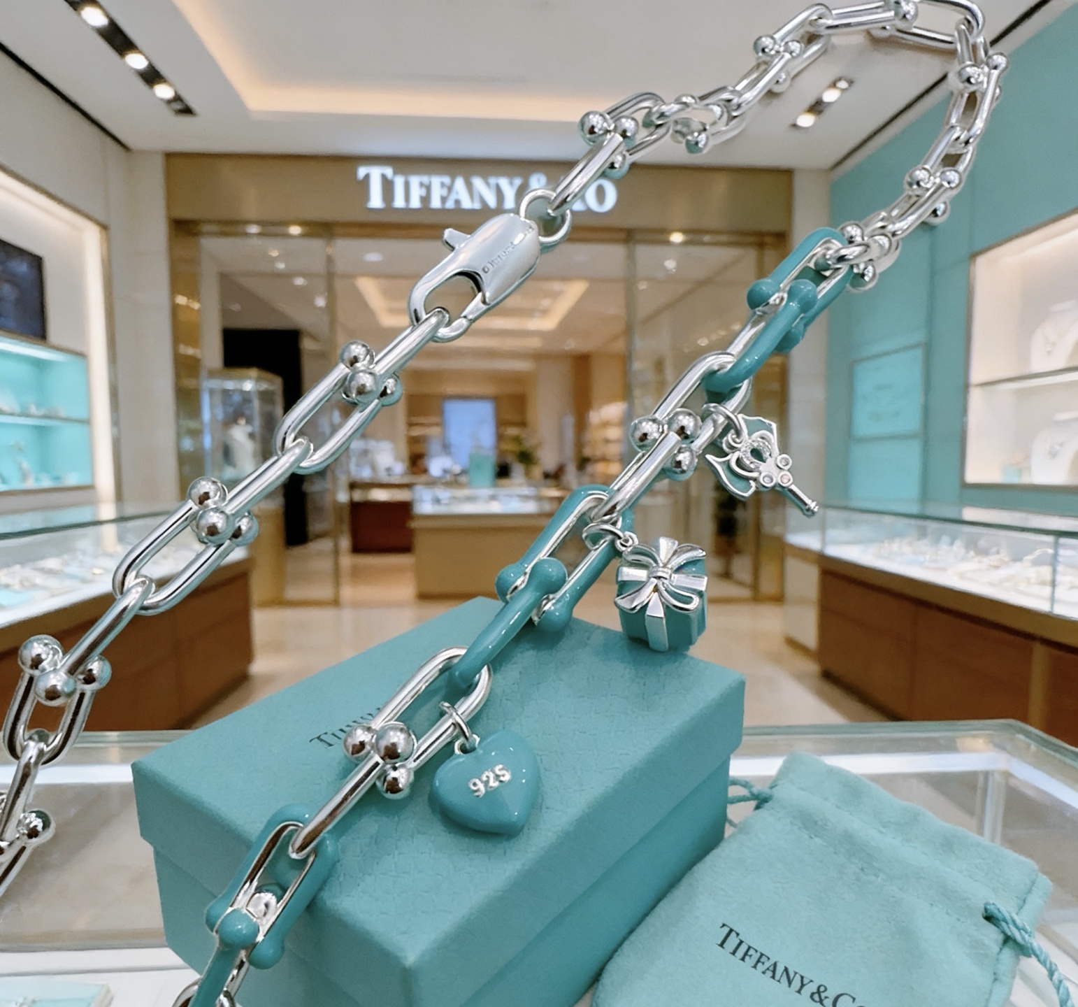 Tiffany Co HardWear Charms necklace sterling silver with Tiffany Blue enamel accents 18 inches