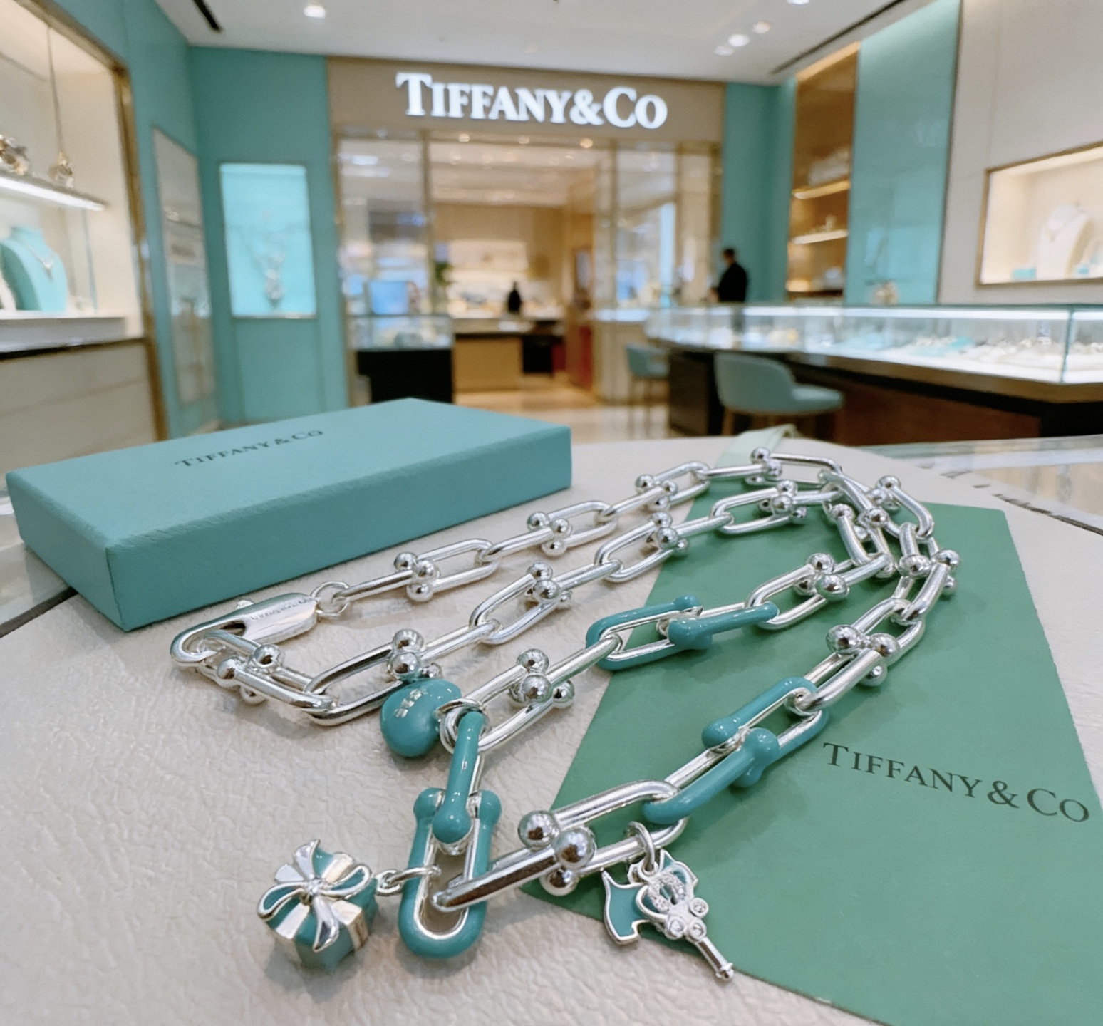 Tiffany Co HardWear Charms necklace sterling silver with Tiffany Blue enamel accents 18 inches