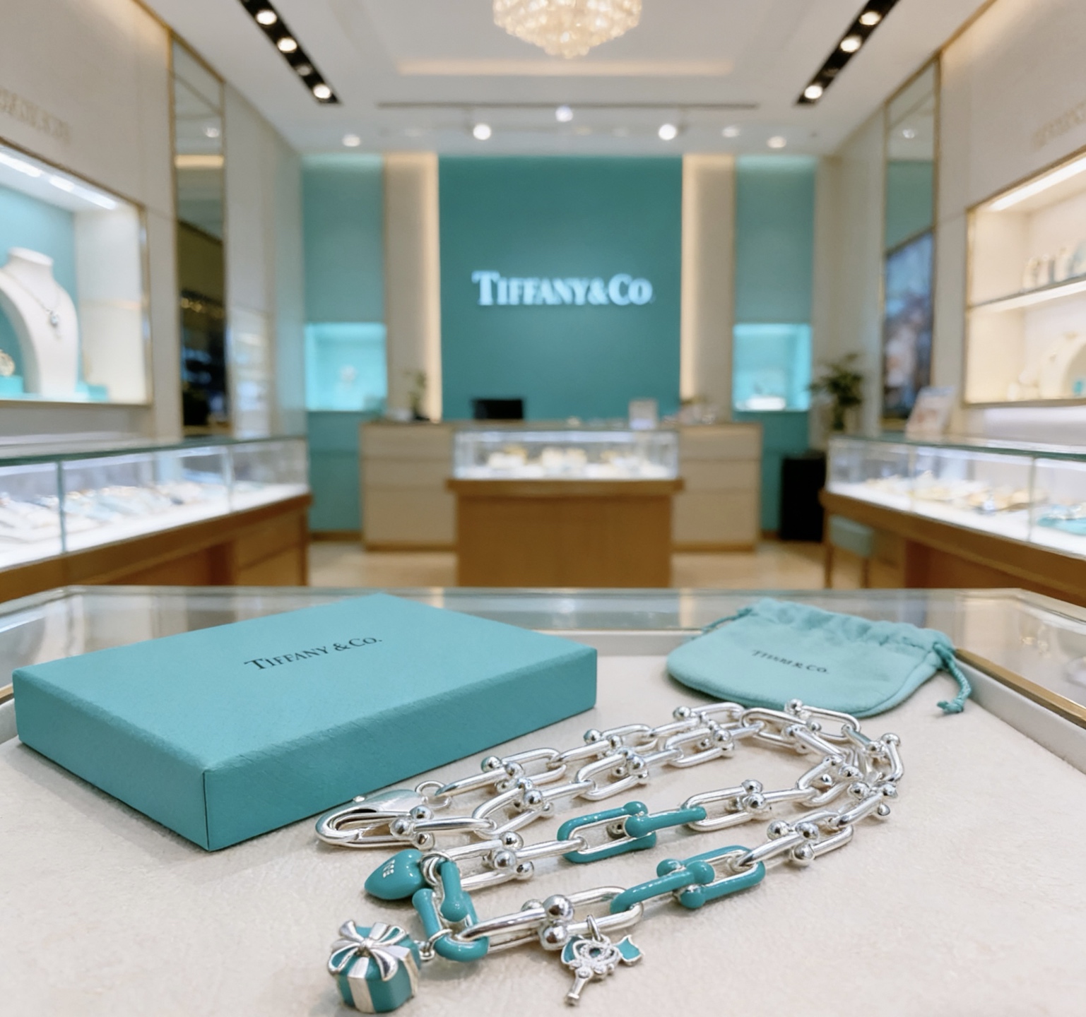 Tiffany Co HardWear Charms necklace sterling silver with Tiffany Blue enamel accents 18 inches