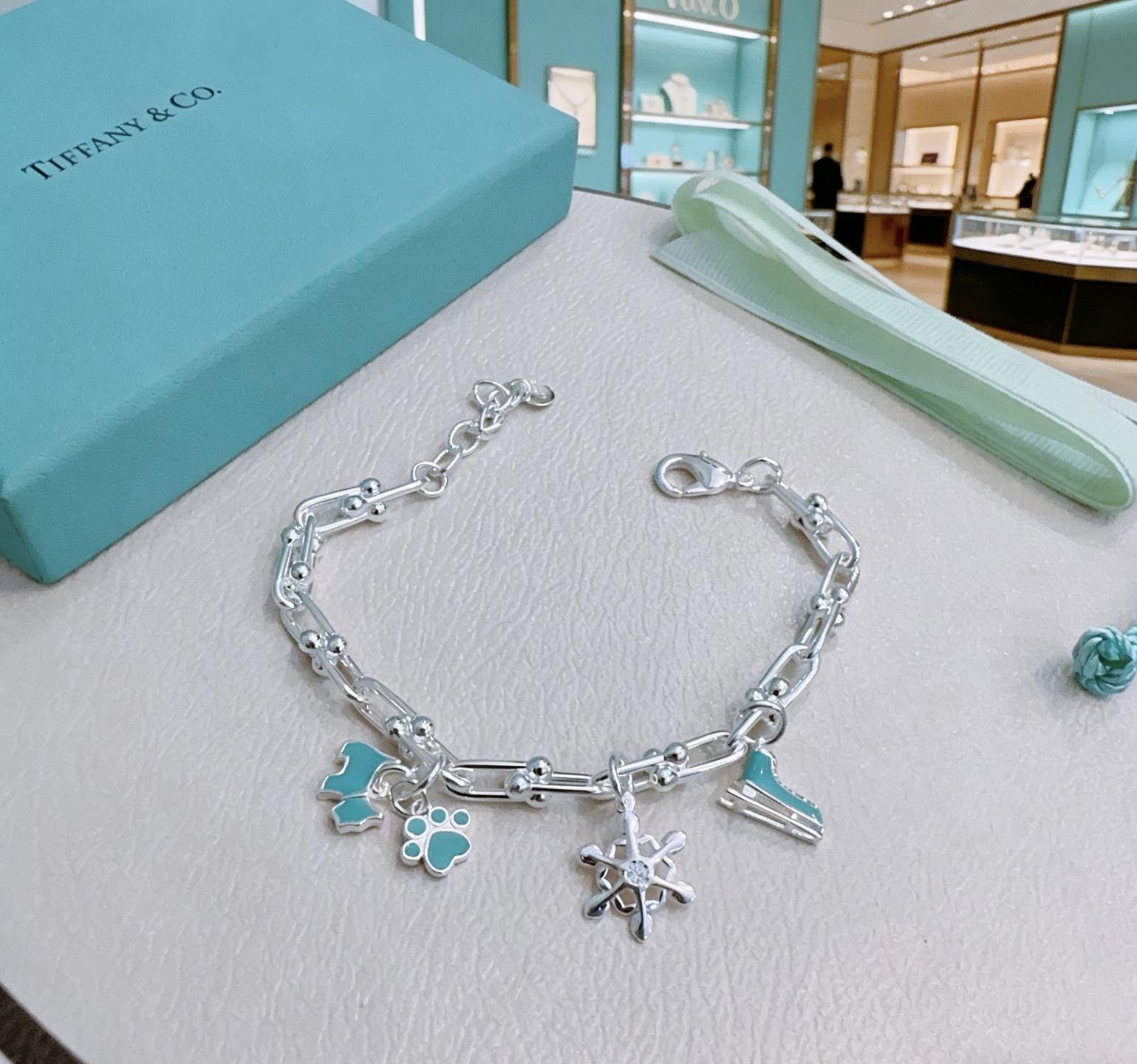 Tiffany Co HardWear Winter Charm Bracelet bracelet Sterling silver with Tiffany Blue enamel accents and clear stone detail 18cm