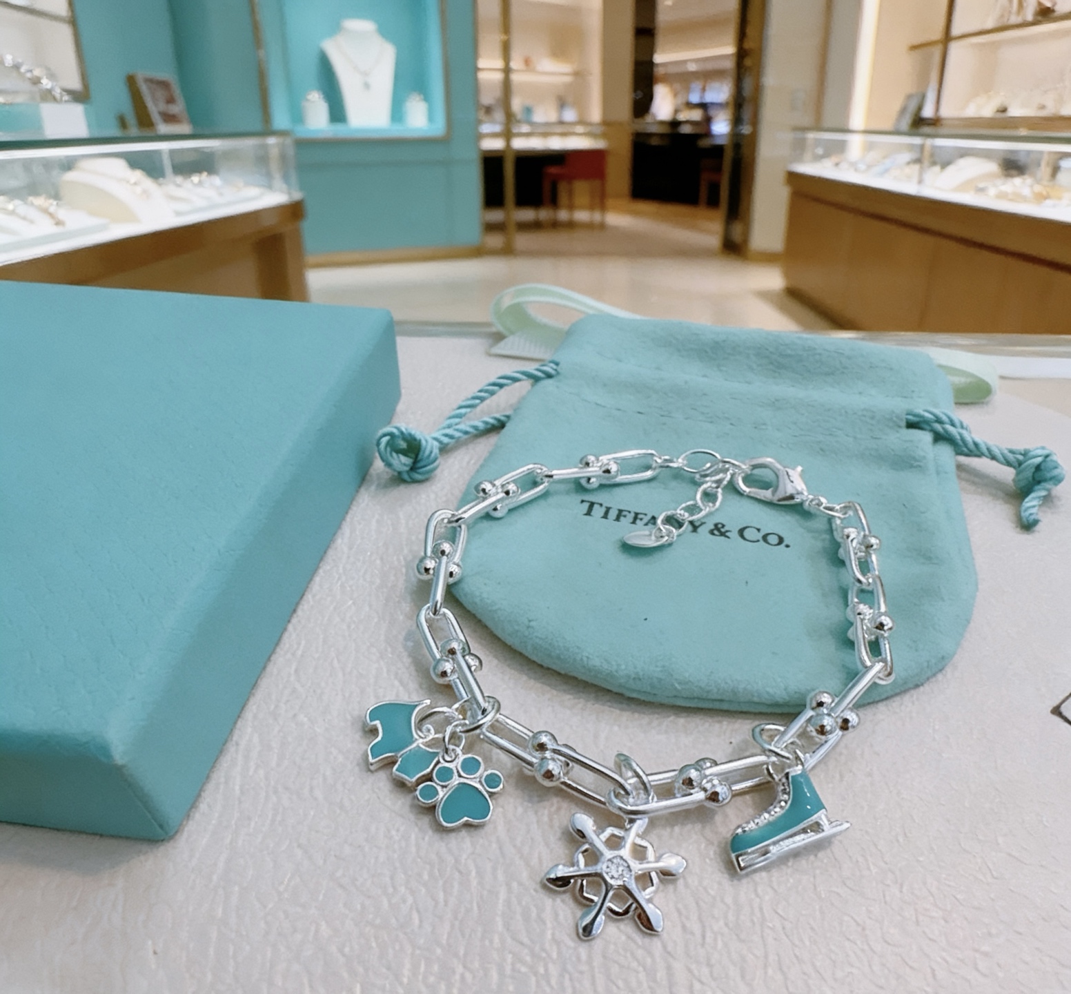 Tiffany Co HardWear Winter Charm Bracelet bracelet Sterling silver with Tiffany Blue enamel accents and clear stone detail 18cm