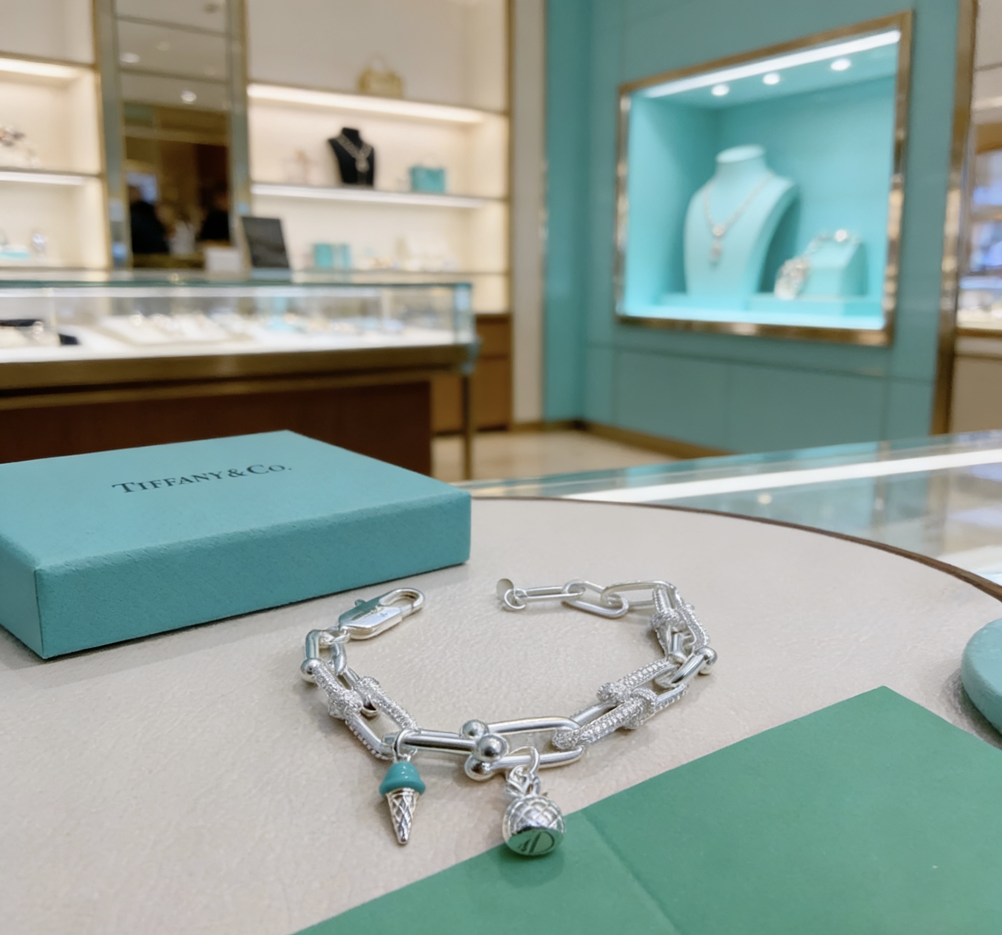 Tiffany Co Tiffany HardWear Charm Bracelet bracelet Sterling silver with clear pave diamonds turquoise blue enamel ice cream charm silver pineapple charm 7 inches