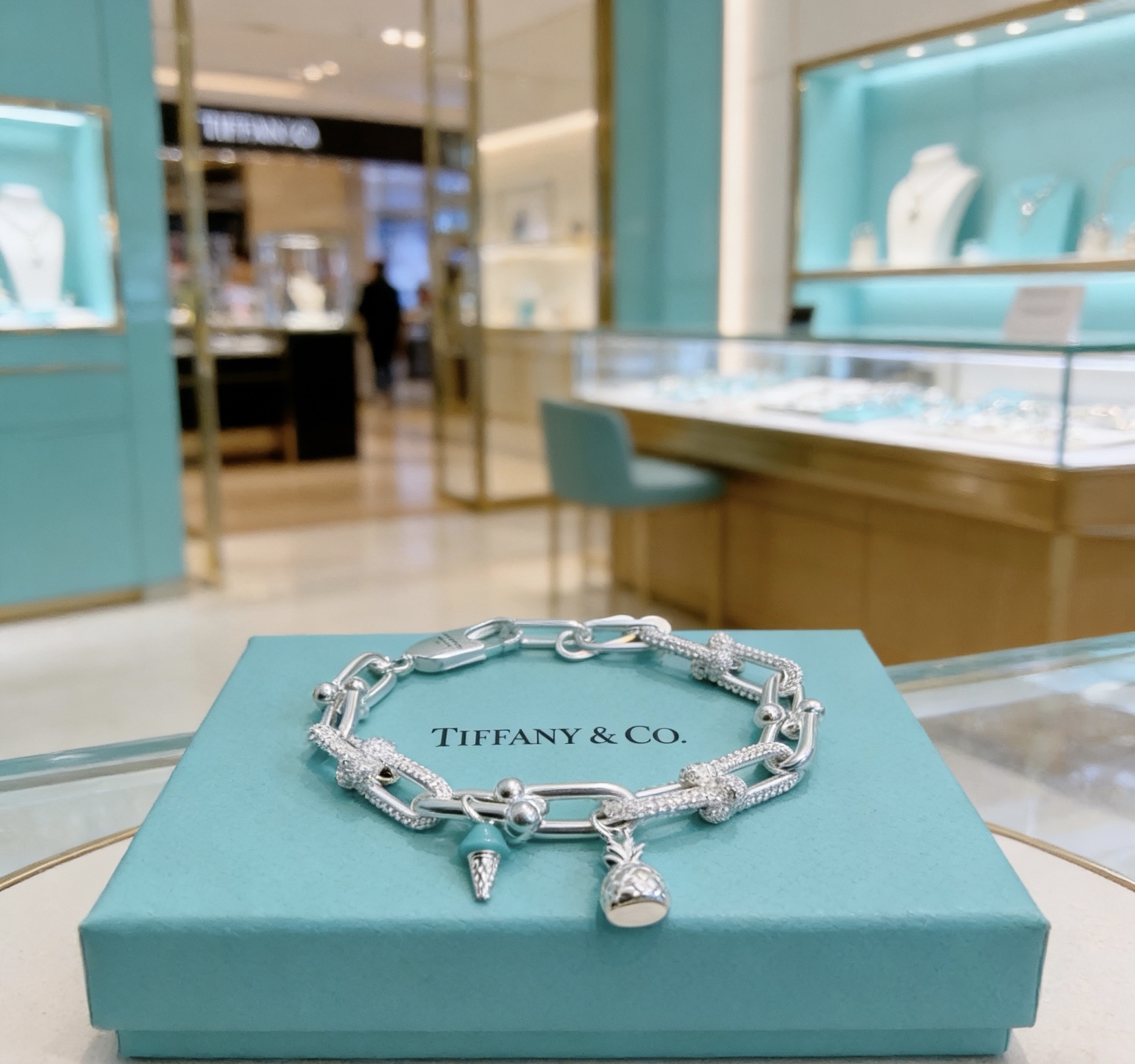 Tiffany Co Tiffany HardWear Charm Bracelet bracelet Sterling silver with clear pave diamonds turquoise blue enamel ice cream charm silver pineapple charm 7 inches