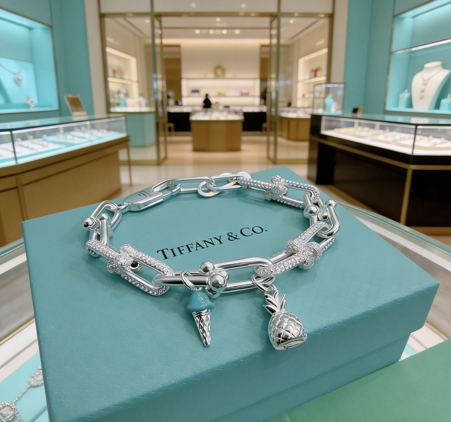 Tiffany Co Tiffany HardWear Charm Bracelet bracelet Sterling silver with clear pave diamonds turquoise blue enamel ice cream charm silver pineapple charm 7 inches