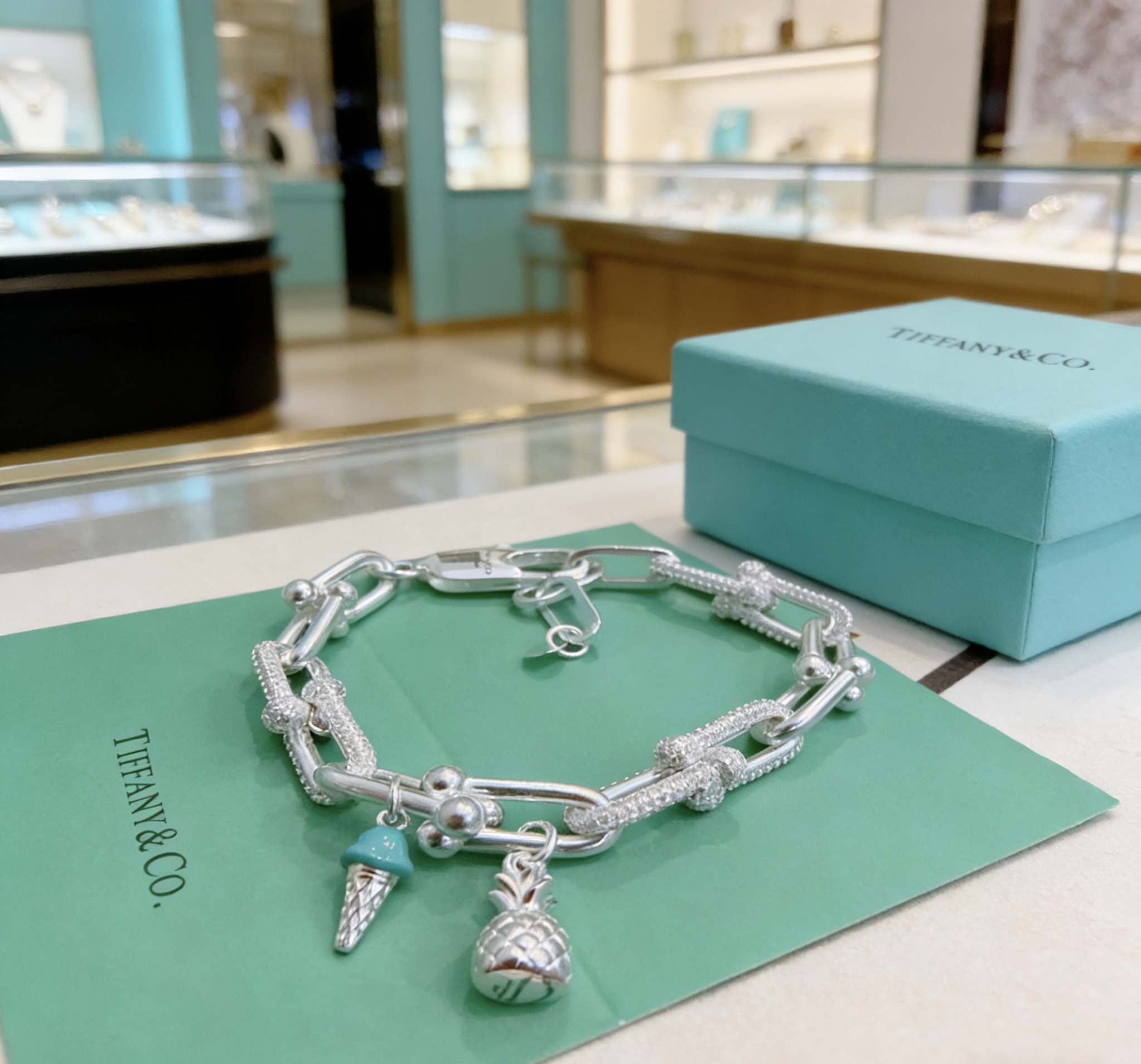 Tiffany Co Tiffany HardWear Charm Bracelet bracelet Sterling silver with clear pave diamonds turquoise blue enamel ice cream charm silver pineapple charm 7 inches