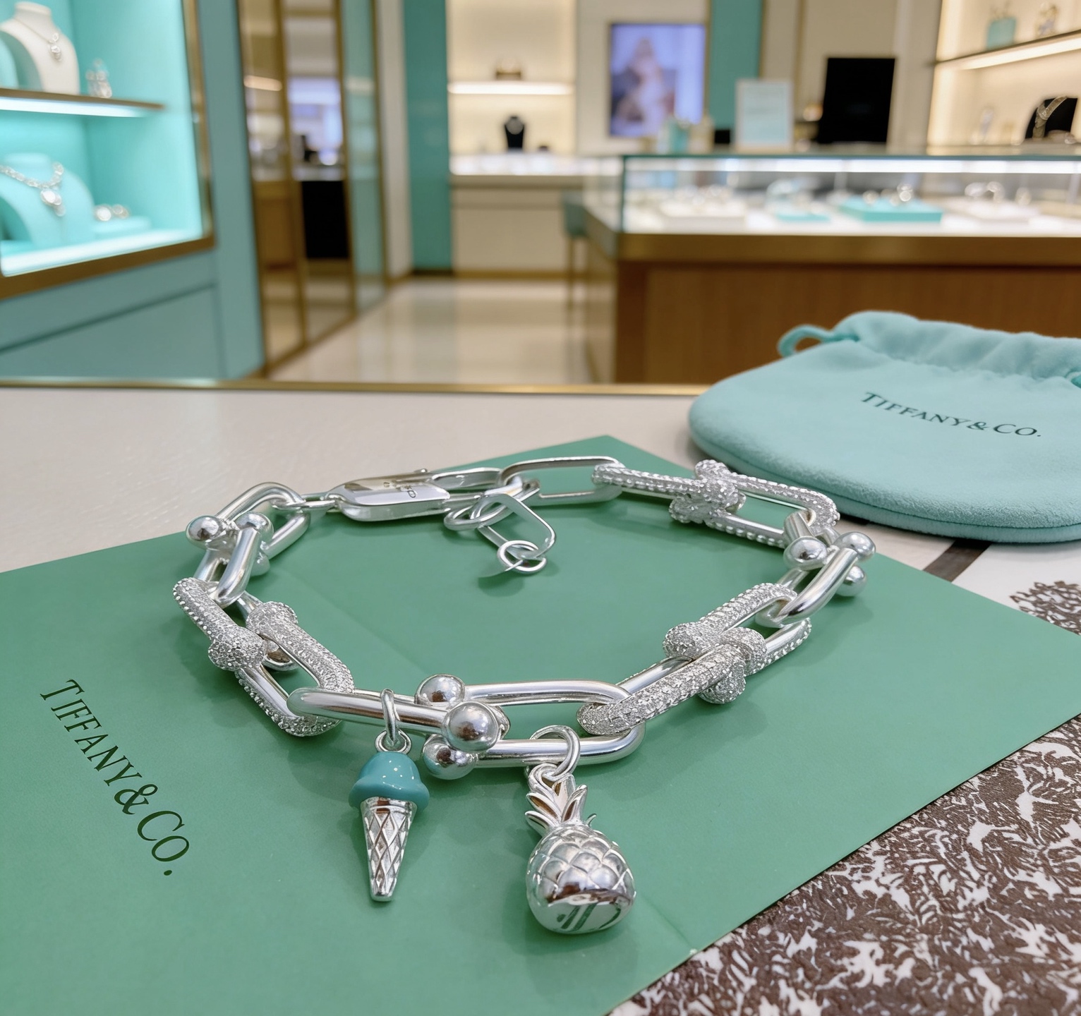 Tiffany Co Tiffany HardWear Charm Bracelet bracelet Sterling silver with clear pave diamonds turquoise blue enamel ice cream charm silver pineapple charm 7 inches