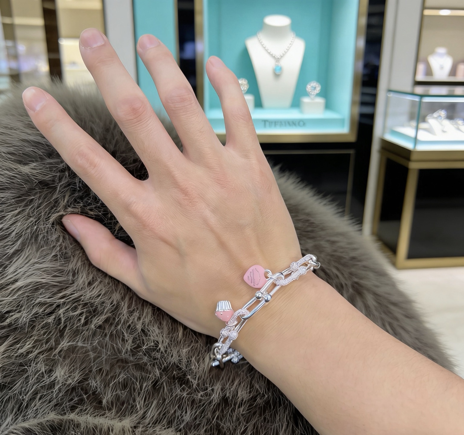Tiffany Co Return to Tiffany HardWear Charm Bracelet bracelet Sterling silver with clear pave diamonds pink enamel heart and cupcake charms 7 inches