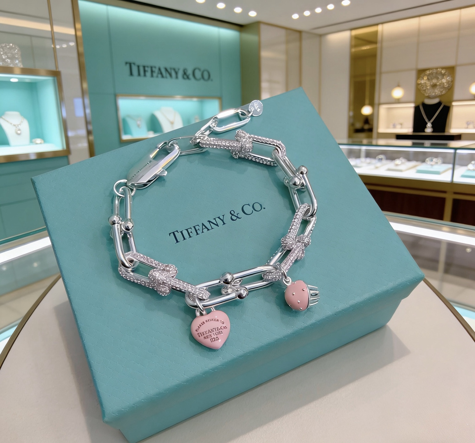 Tiffany Co Return to Tiffany HardWear Charm Bracelet bracelet Sterling silver with clear pave diamonds pink enamel heart and cupcake charms 7 inches