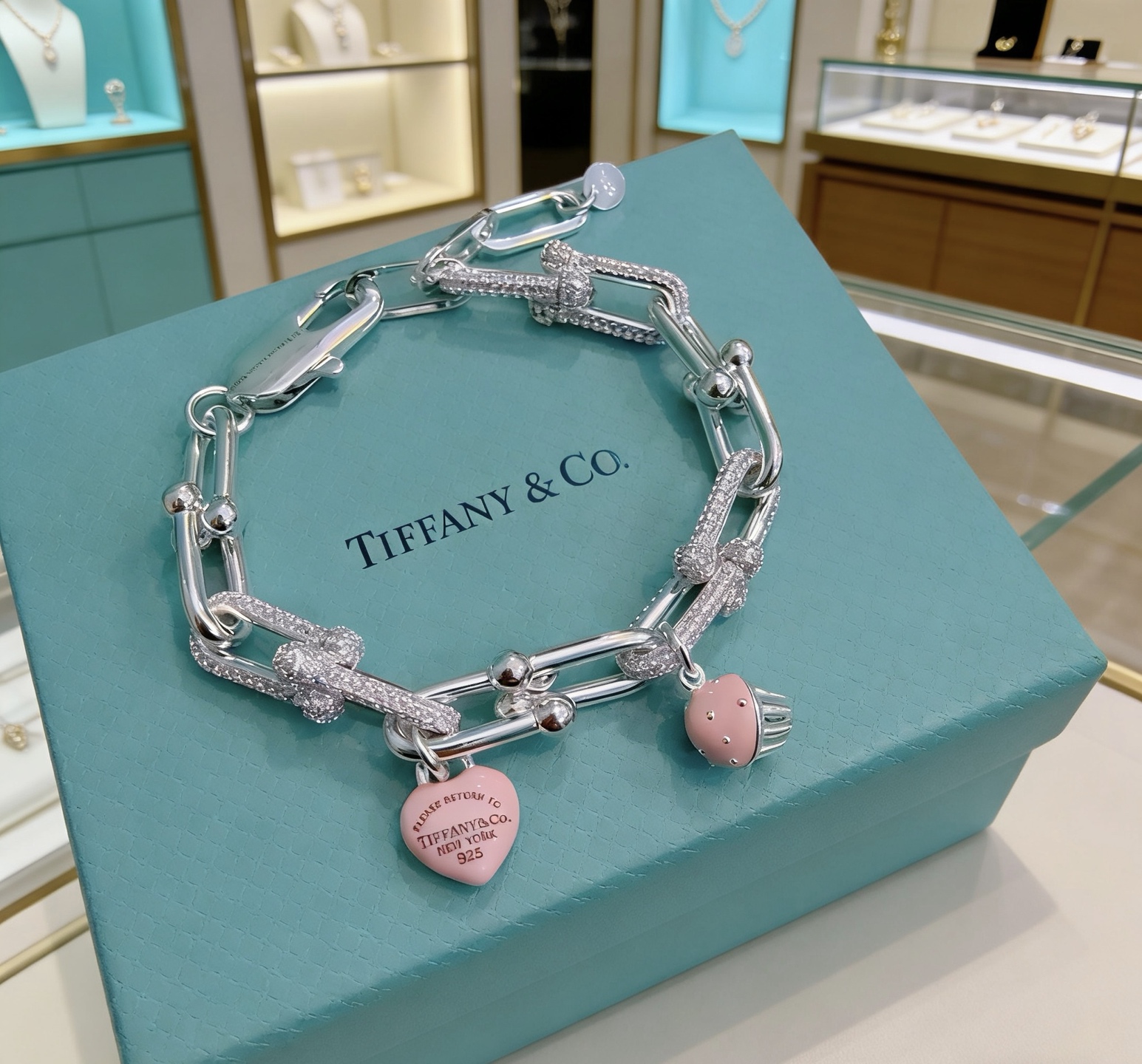 Tiffany Co Return to Tiffany HardWear Charm Bracelet bracelet Sterling silver with clear pave diamonds pink enamel heart and cupcake charms 7 inches