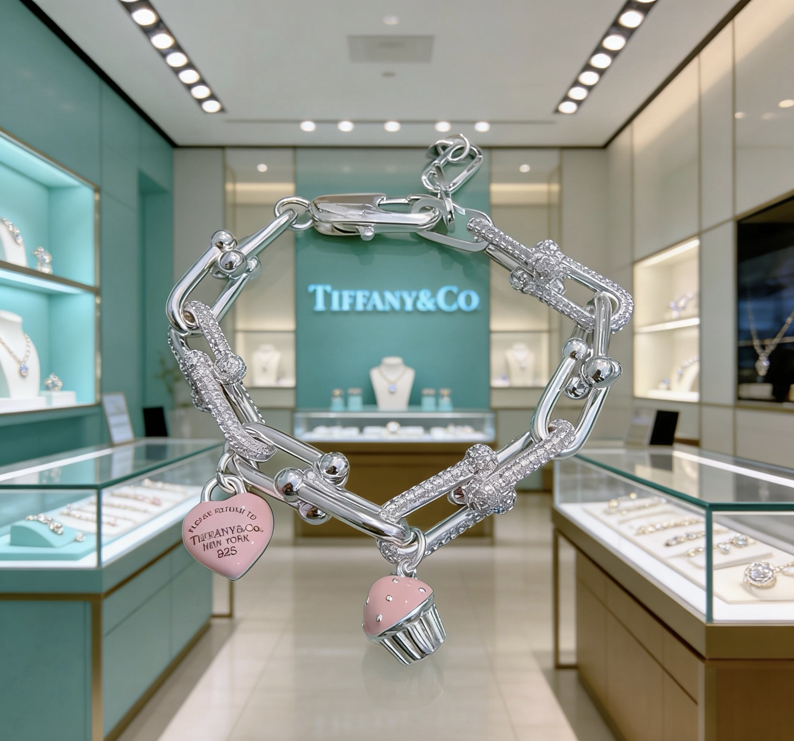 Tiffany Co Return to Tiffany HardWear Charm Bracelet bracelet Sterling silver with clear pave diamonds pink enamel heart and cupcake charms 7 inches