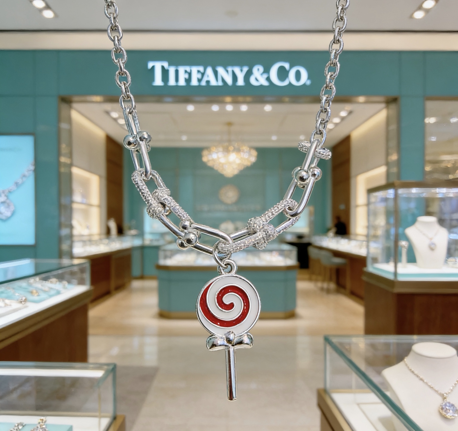 Tiffany Co HardWear Lollipop Charm Bracelet bracelet Sterling silver with clear pave diamonds red and white enamel lollipop charm 18cm