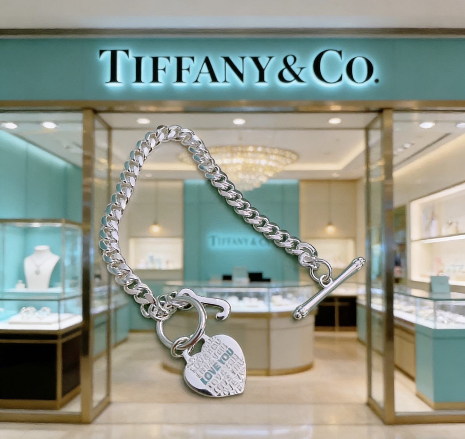 Tiffany Co Love You Heart Tag Toggle Curb Chain bracelet sterling silver with light blue enamel text accents 7 inches