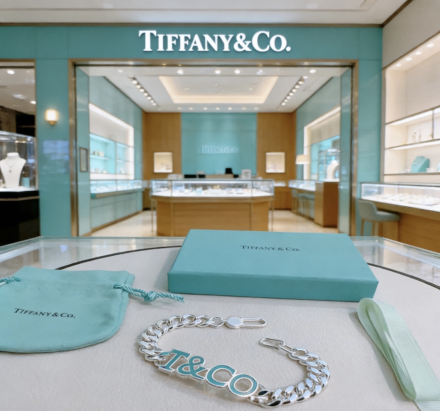 Tiffany Co T CO Logo Curb Chain bracelet Sterling silver with Tiffany Blue enamel 7 inches
