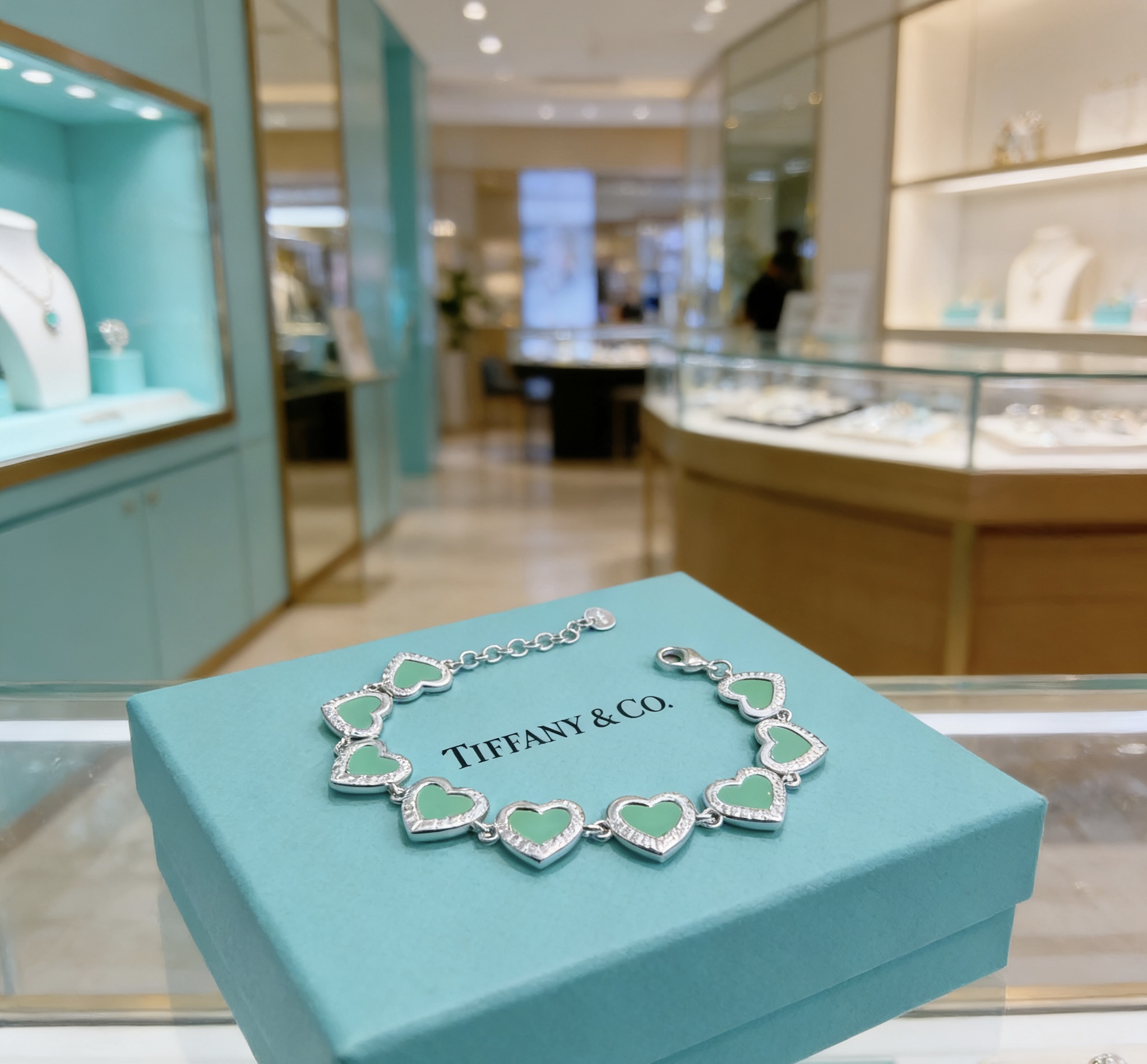 Tiffany Co Heart Link bracelet silver-toned metal with tiffany blue enamel and clear diamond accents 18cm