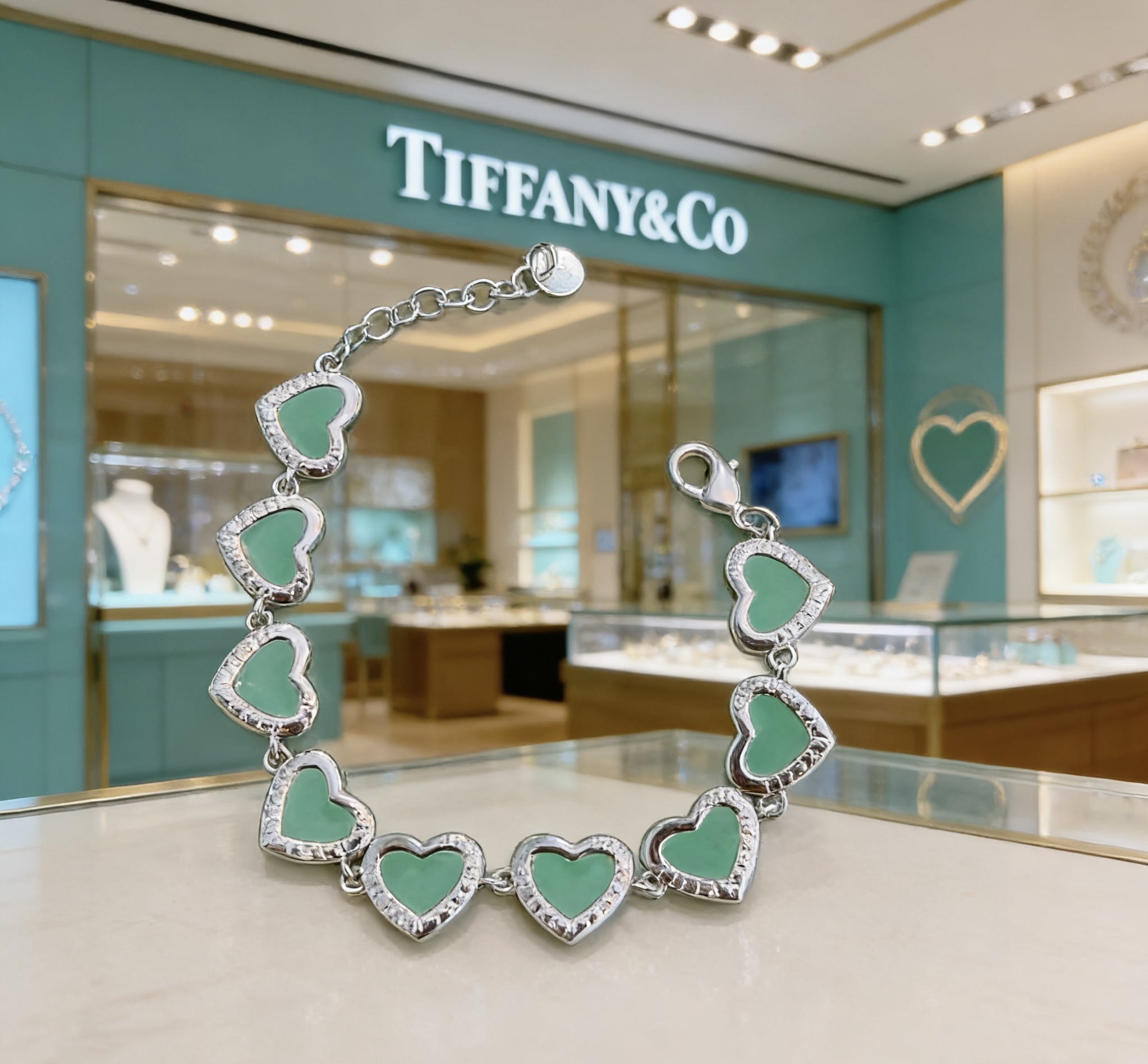 Tiffany Co Heart Link bracelet silver-toned metal with tiffany blue enamel and clear diamond accents 18cm