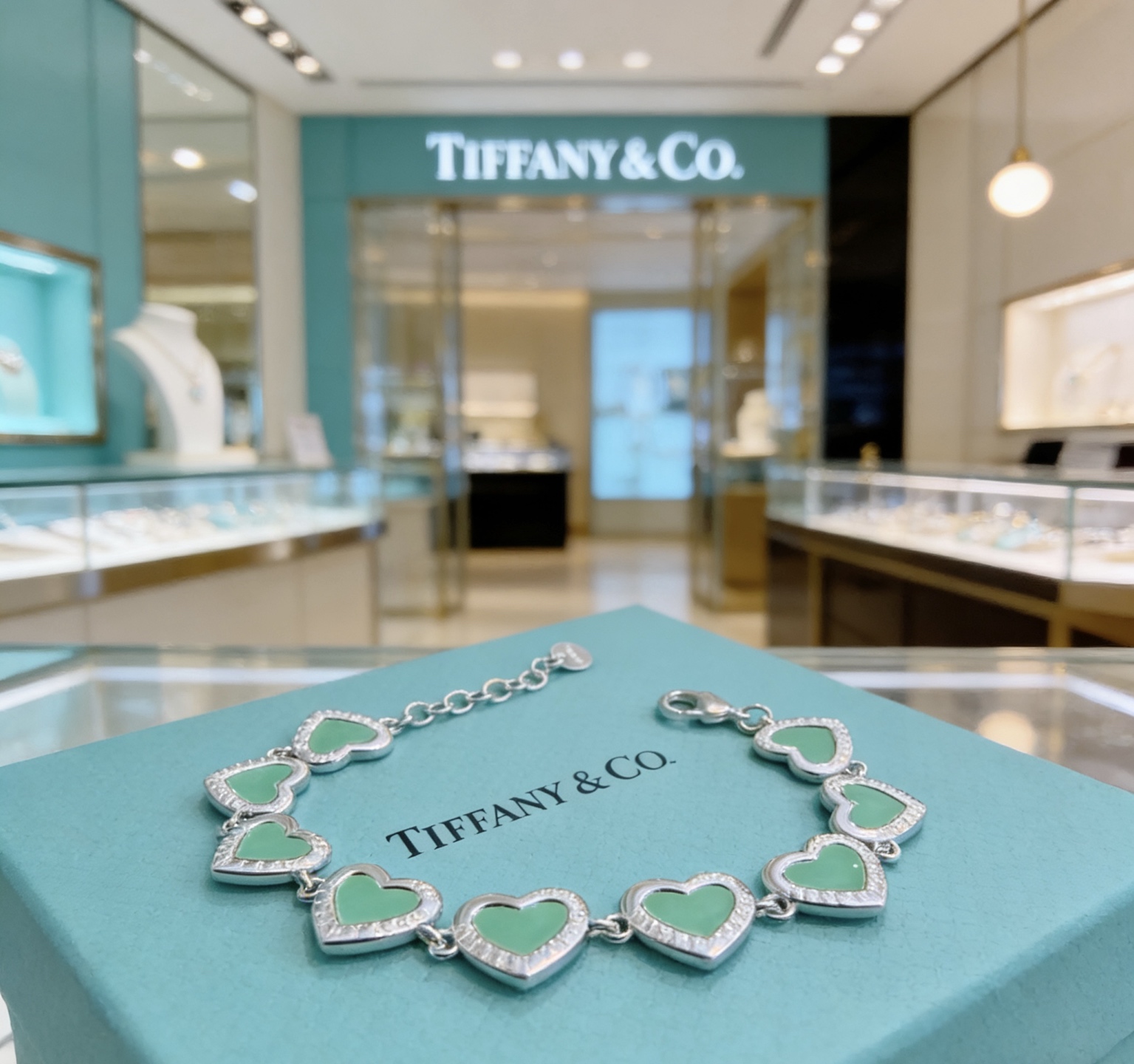 Tiffany Co Heart Link bracelet silver-toned metal with tiffany blue enamel and clear diamond accents 18cm