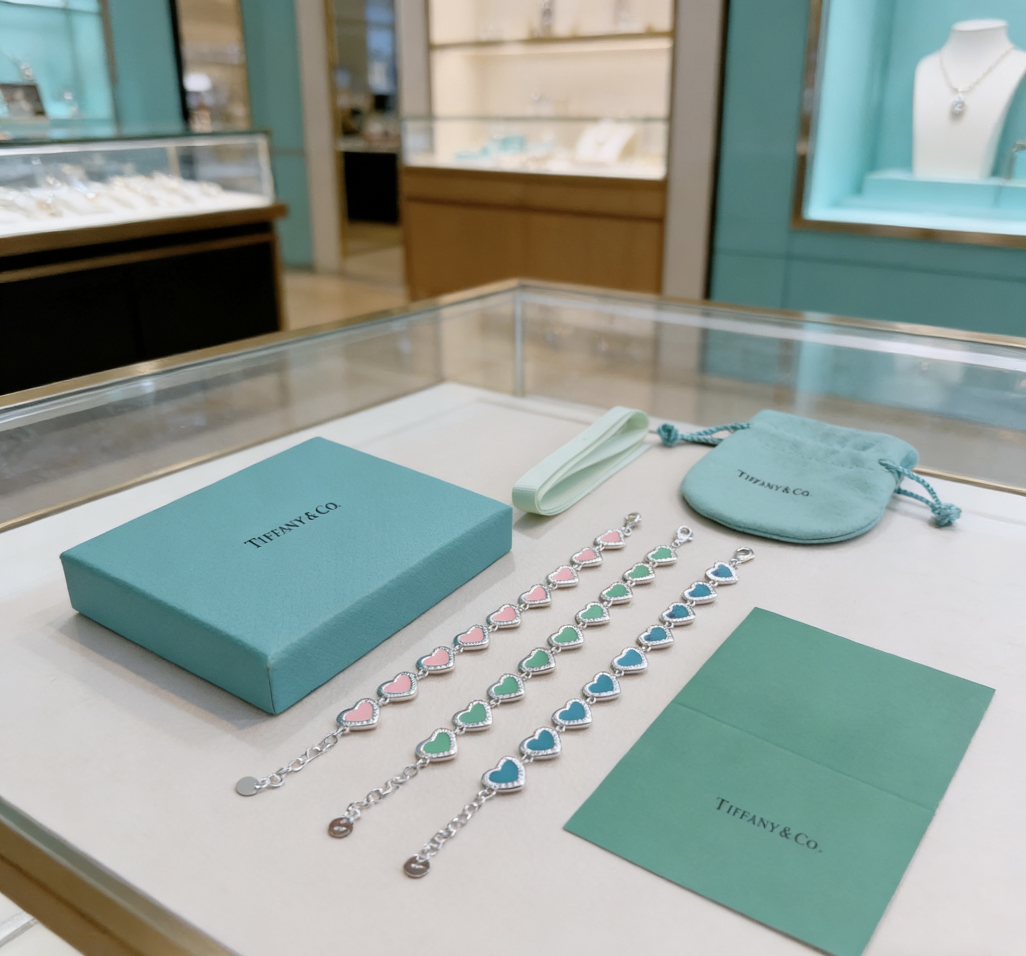 Tiffany Co Heart Link bracelet silver-toned metal with tiffany blue enamel and clear diamond accents 18cm