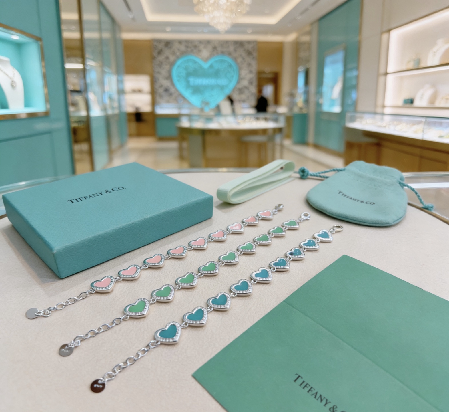 Tiffany Co Heart Link bracelet silver-toned metal with tiffany blue enamel and clear diamond accents 18cm