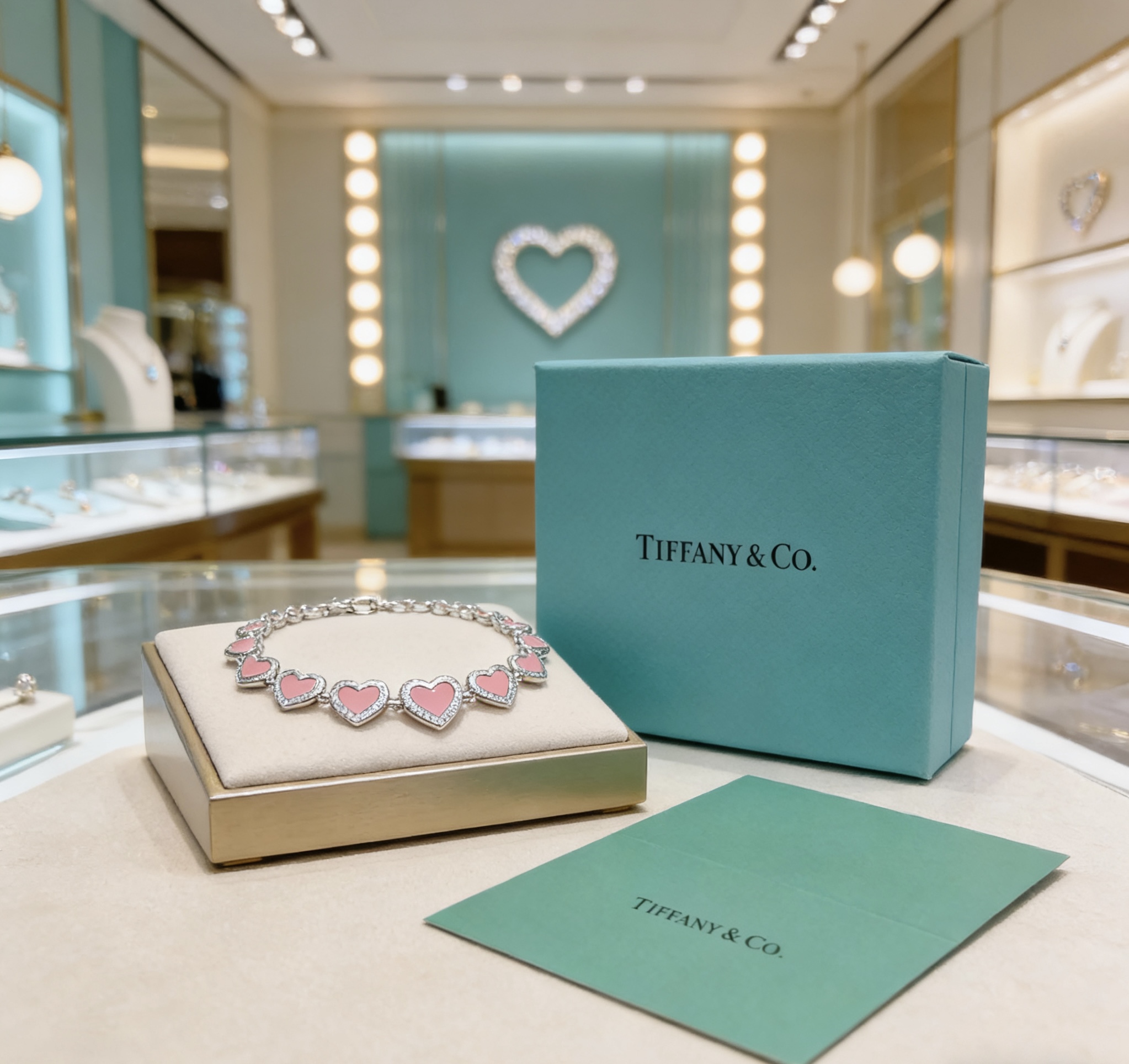 Tiffany Co Heart Link bracelet silver-toned metal with pink enamel and clear diamond-like accent stones 18cm adjustable