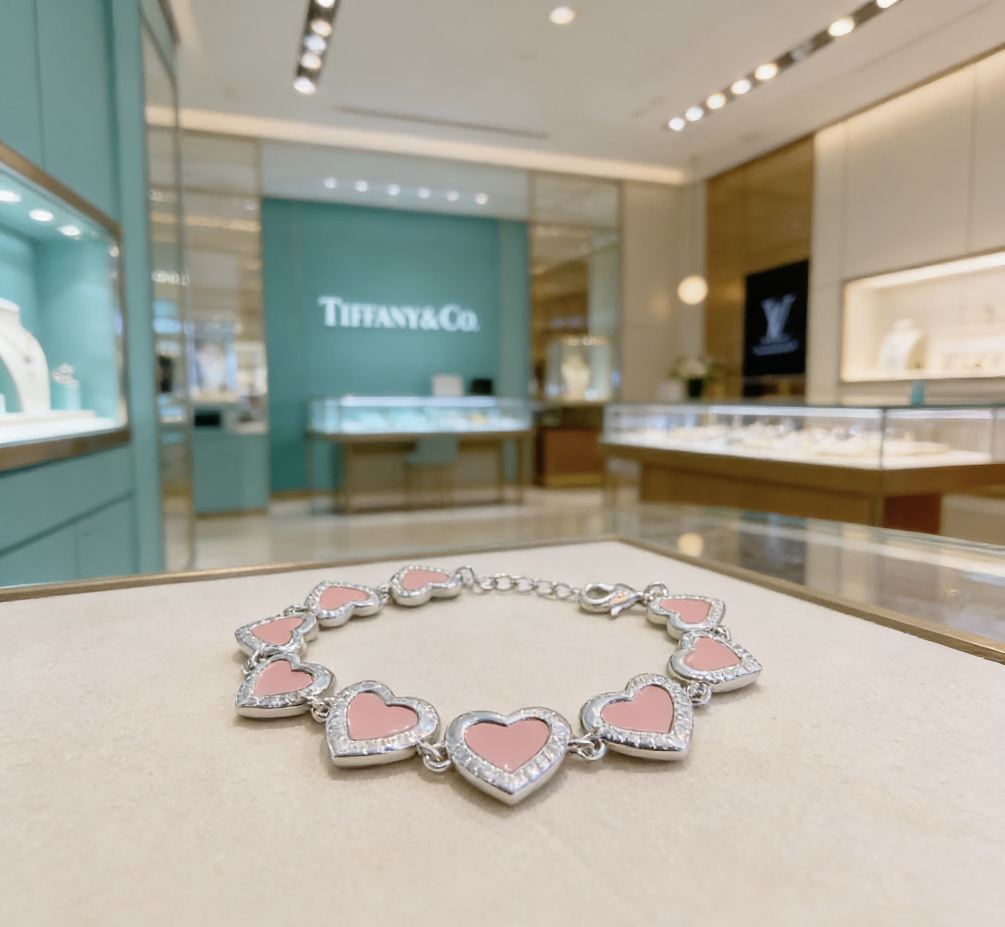 Tiffany Co Heart Link bracelet silver-toned metal with pink enamel and clear diamond-like accent stones 18cm adjustable