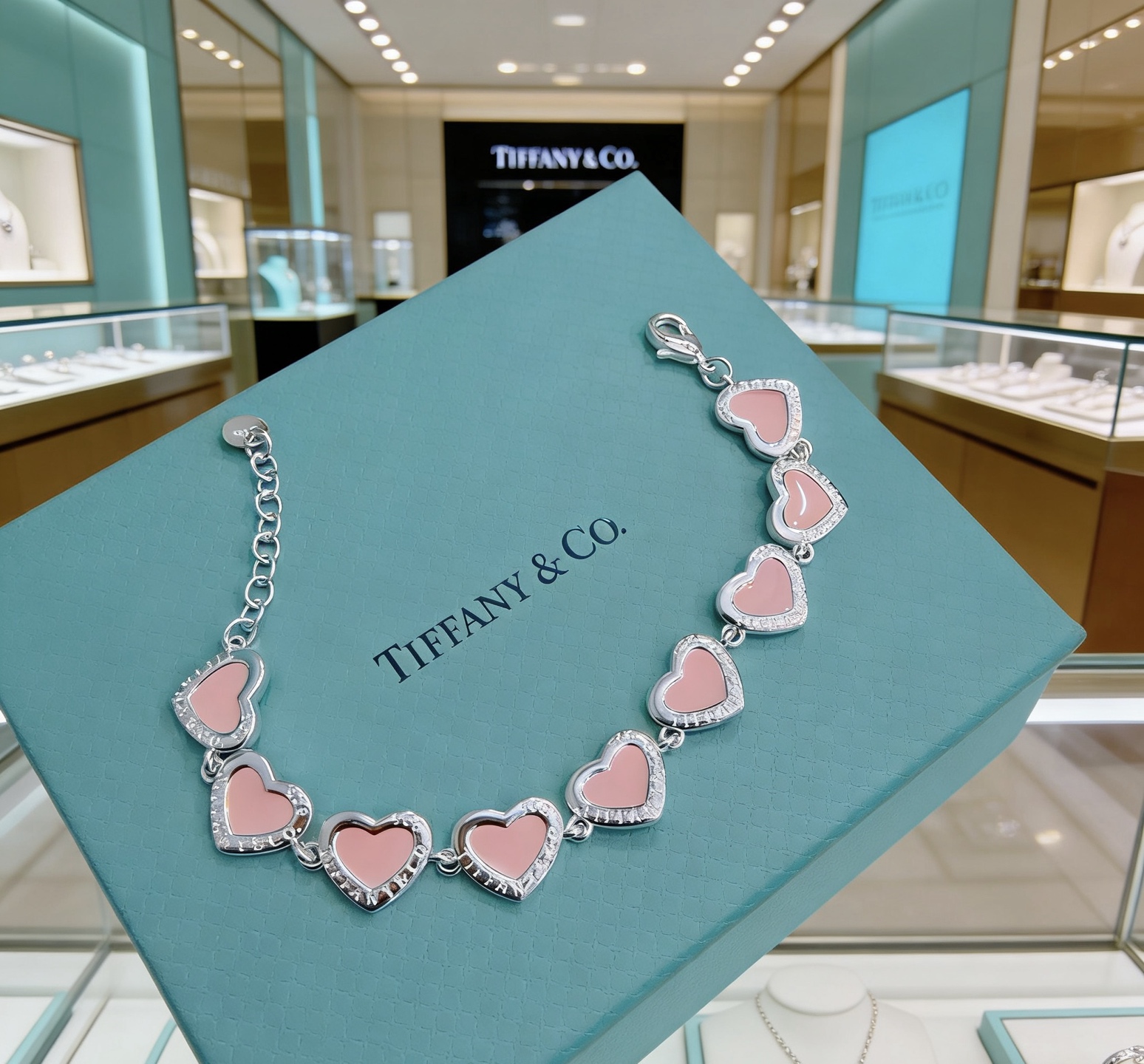 Tiffany Co Heart Link bracelet silver-toned metal with pink enamel and clear diamond-like accent stones 18cm adjustable