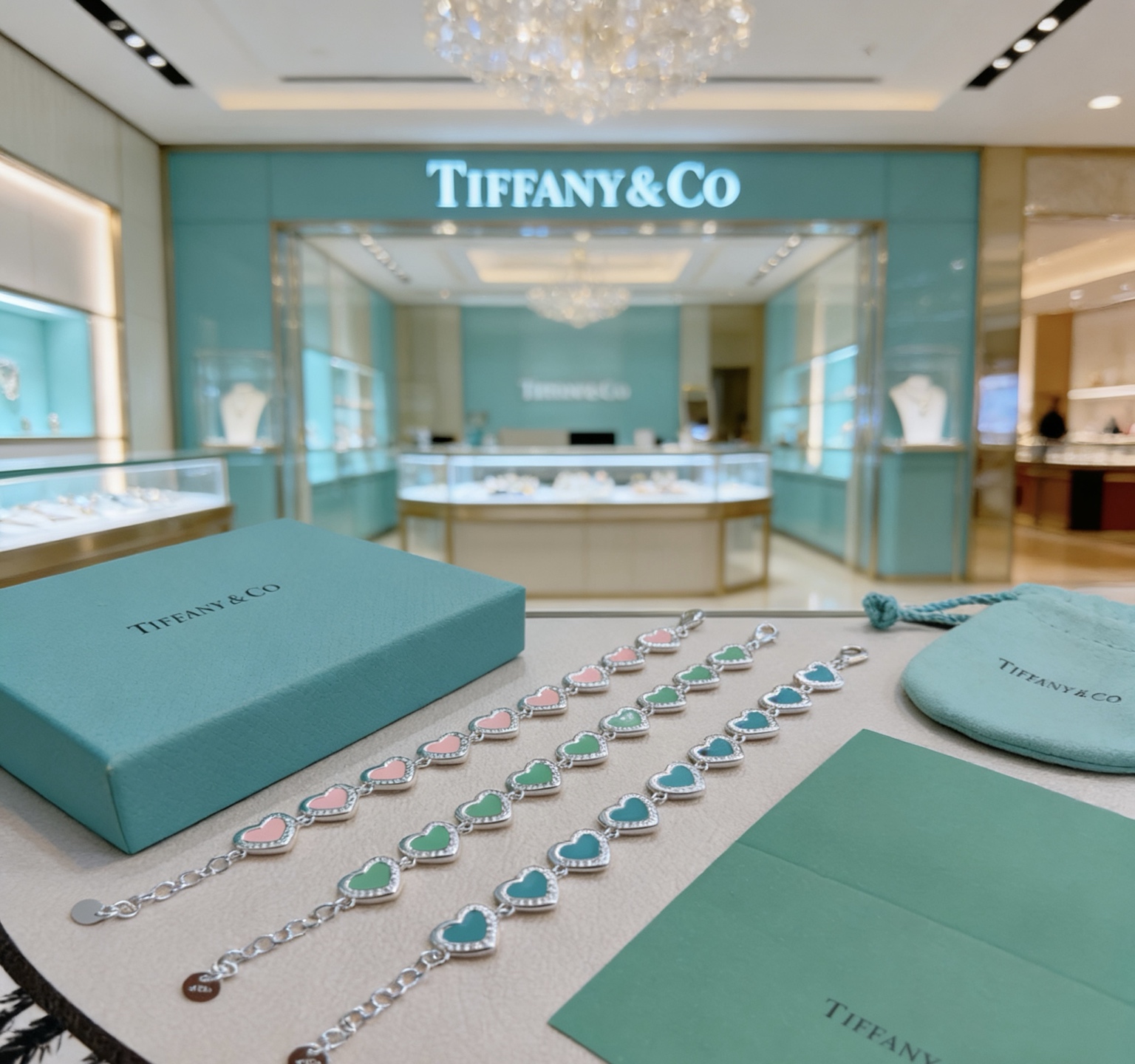 Tiffany Co Heart Link bracelet silver-toned metal with pink enamel and clear diamond-like accent stones 18cm adjustable