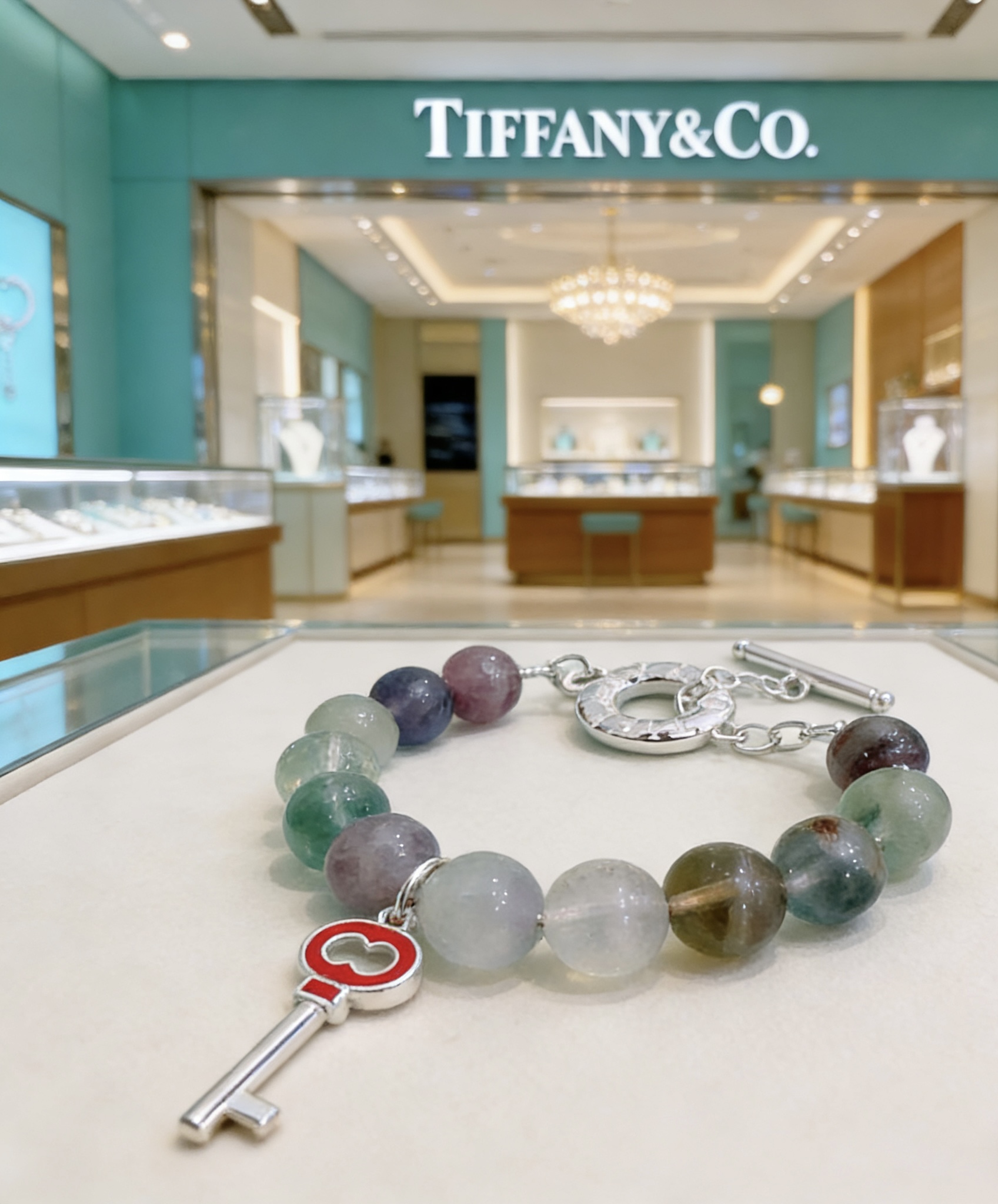 Tiffany Co Tiffany Keys Beaded Toggle Bracelet bracelet Silver-toned metal with multicolor fluorite beads and red enamel key charm 18cm