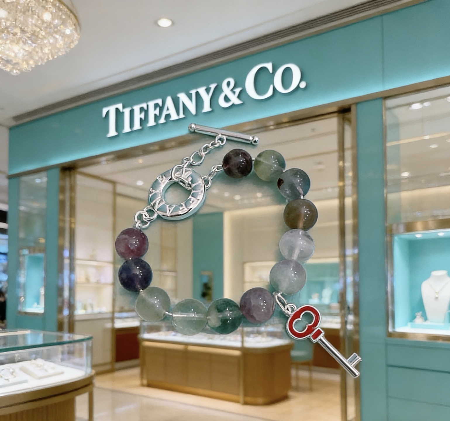 Tiffany Co Tiffany Keys Beaded Toggle Bracelet bracelet Silver-toned metal with multicolor fluorite beads and red enamel key charm 18cm
