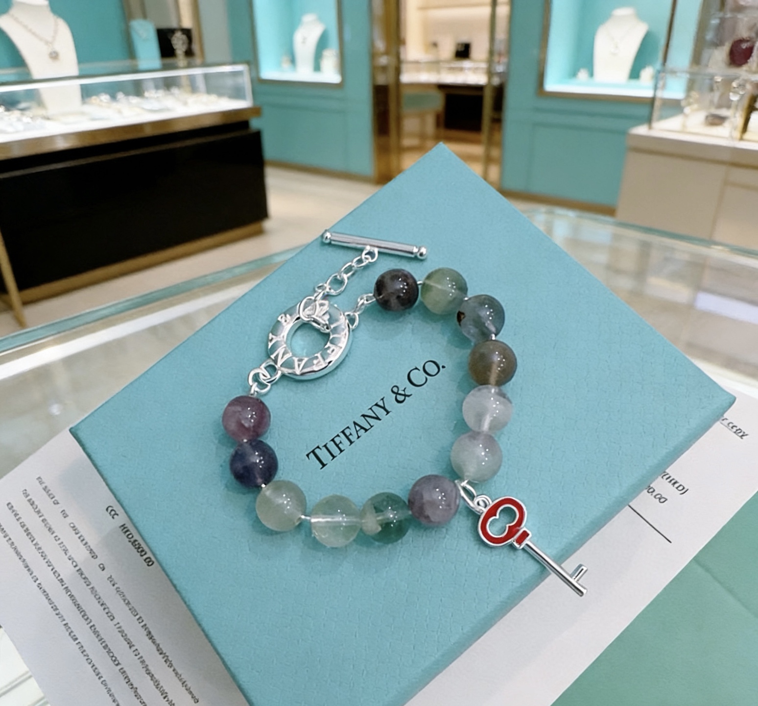 Tiffany Co Tiffany Keys Beaded Toggle Bracelet bracelet Silver-toned metal with multicolor fluorite beads and red enamel key charm 18cm