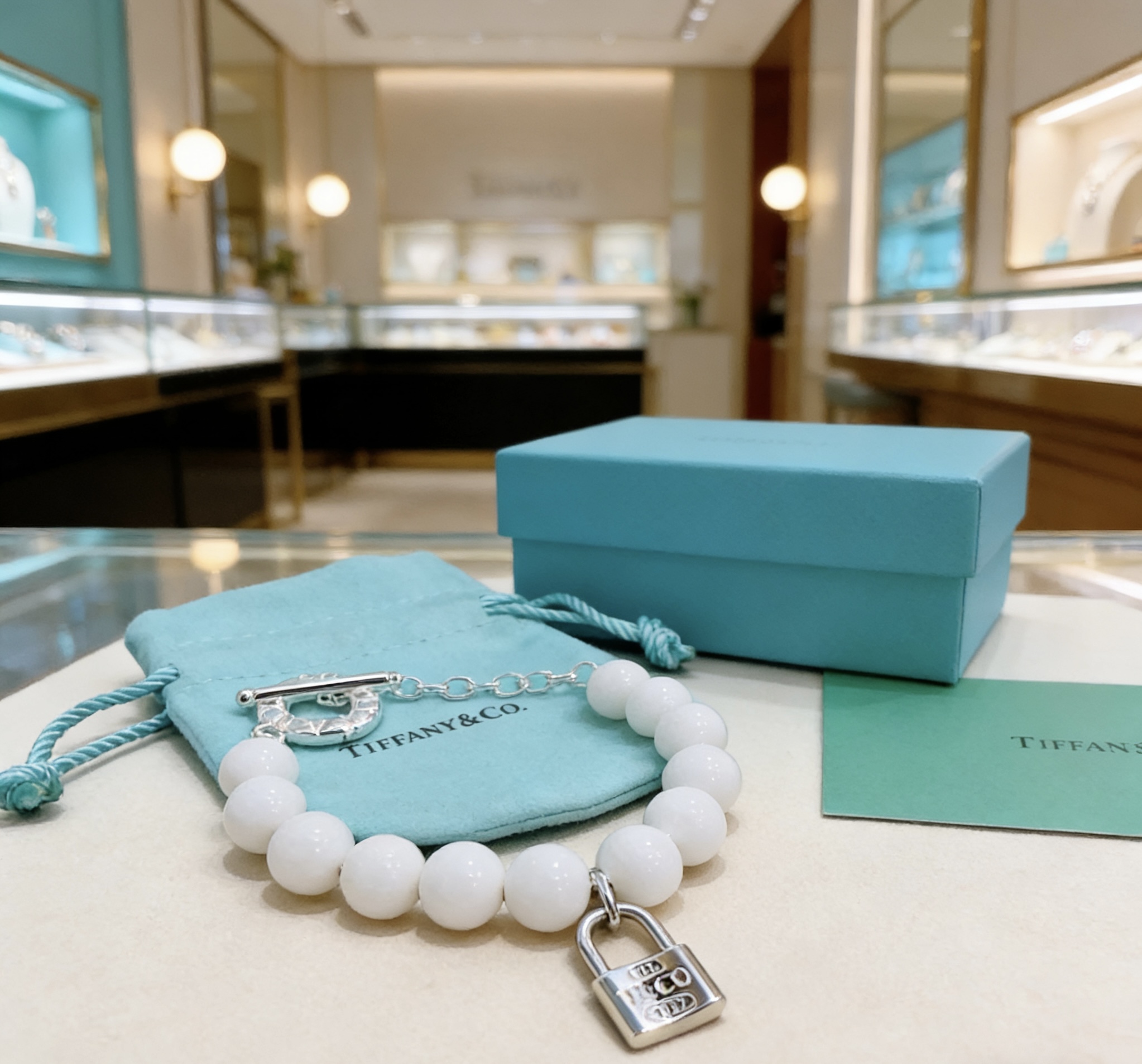 Tiffany Co 1837 Lock Bead Bracelet bracelet Sterling silver metal with white agate beads 18cm