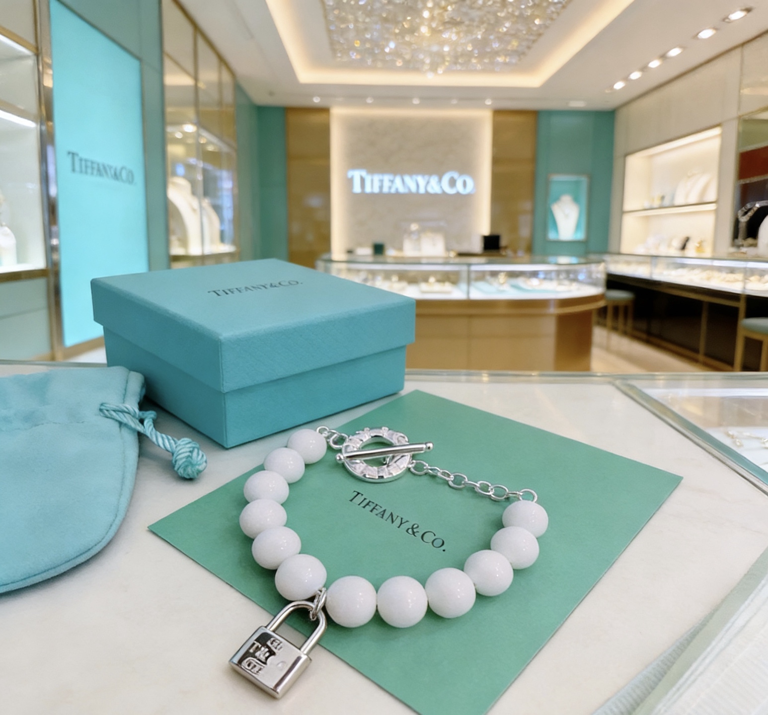 Tiffany Co 1837 Lock Bead Bracelet bracelet Sterling silver metal with white agate beads 18cm