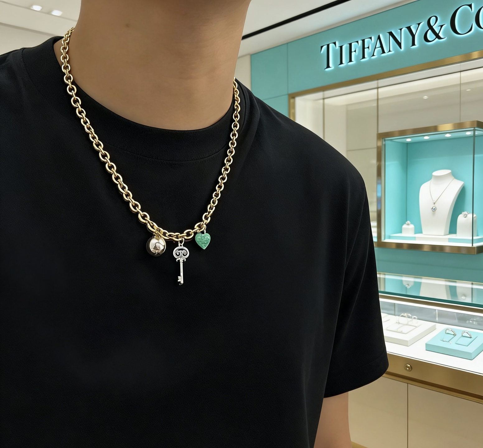 Tiffany Co Return to Tiffany Charms necklace gold-tone metal silver-tone metal turquoise blue enamel clear diamond accents 18 inches