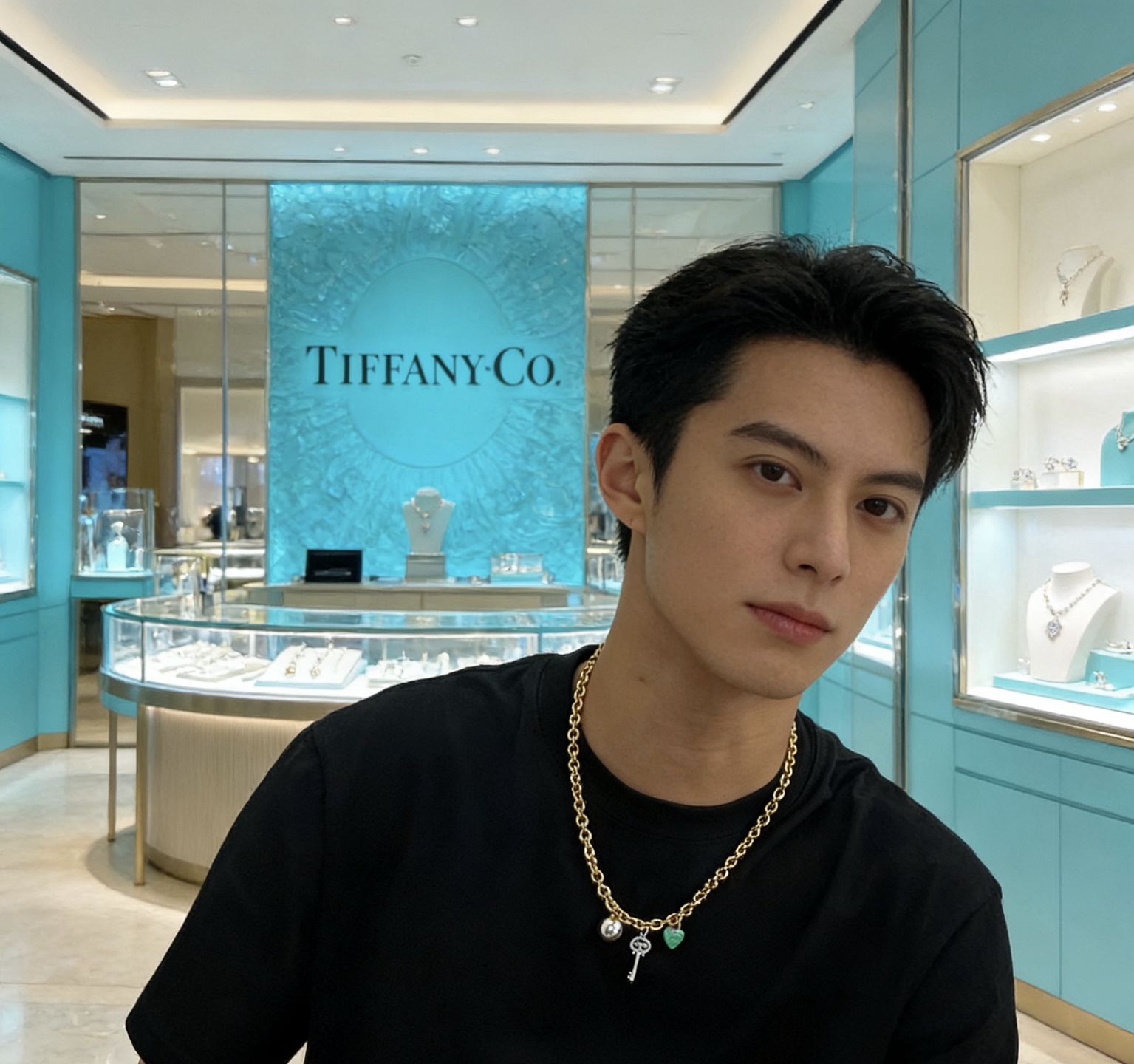 Tiffany Co Return to Tiffany Charms necklace gold-tone metal silver-tone metal turquoise blue enamel clear diamond accents 18 inches