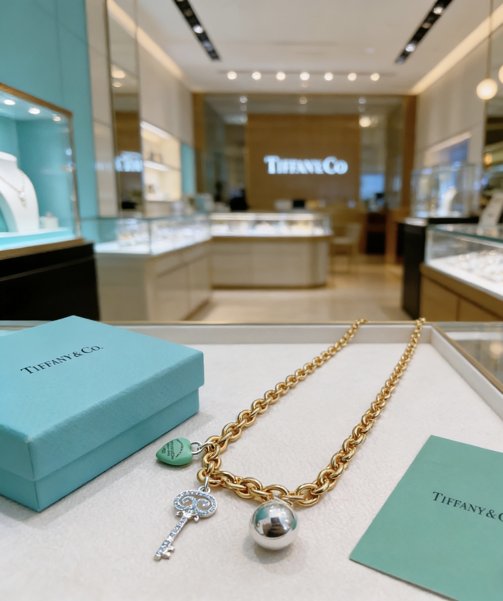 Tiffany Co Return to Tiffany Charms necklace gold-tone metal silver-tone metal turquoise blue enamel clear diamond accents 18 inches