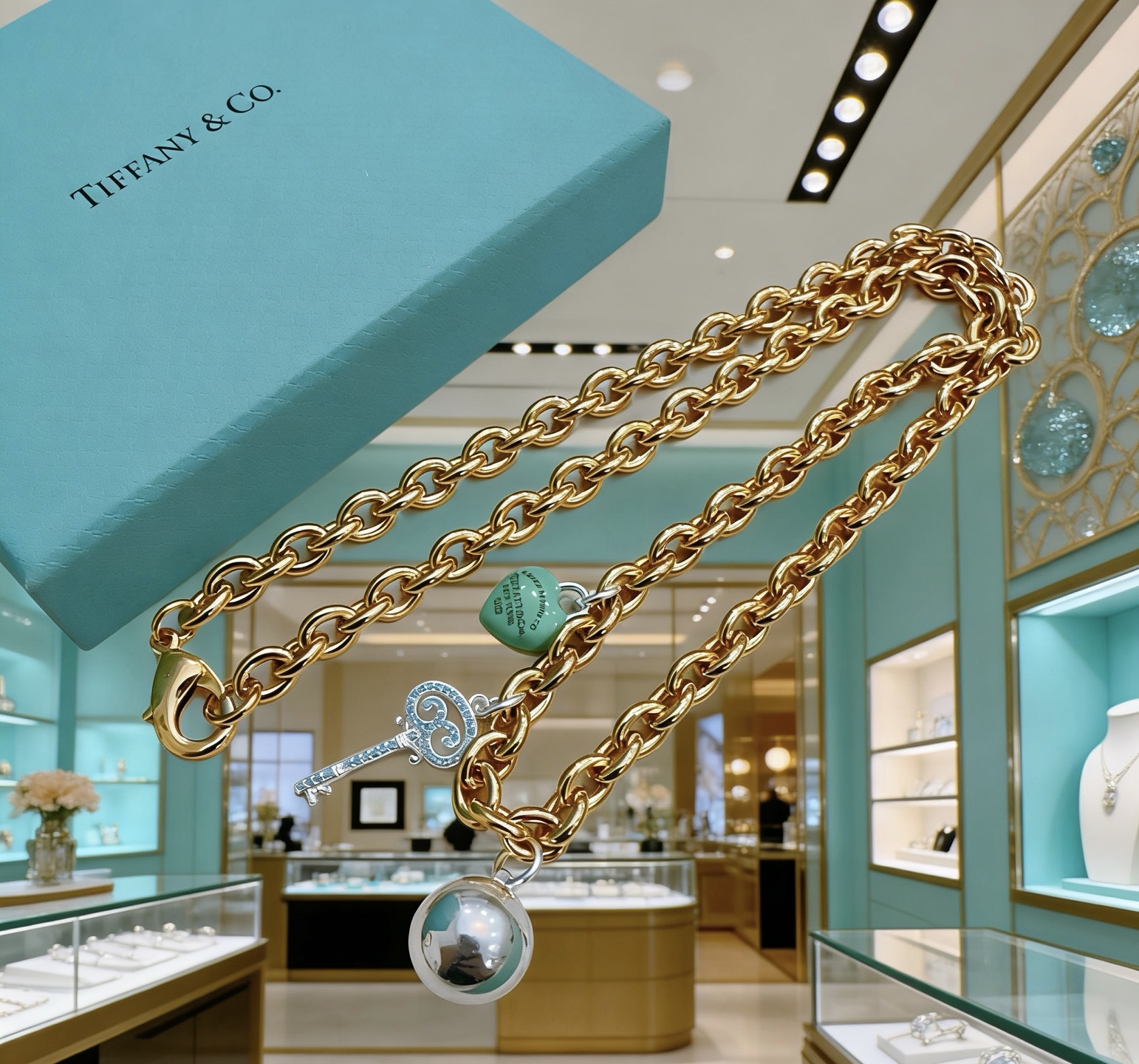 Tiffany Co Return to Tiffany Charms necklace gold-tone metal silver-tone metal turquoise blue enamel clear diamond accents 18 inches