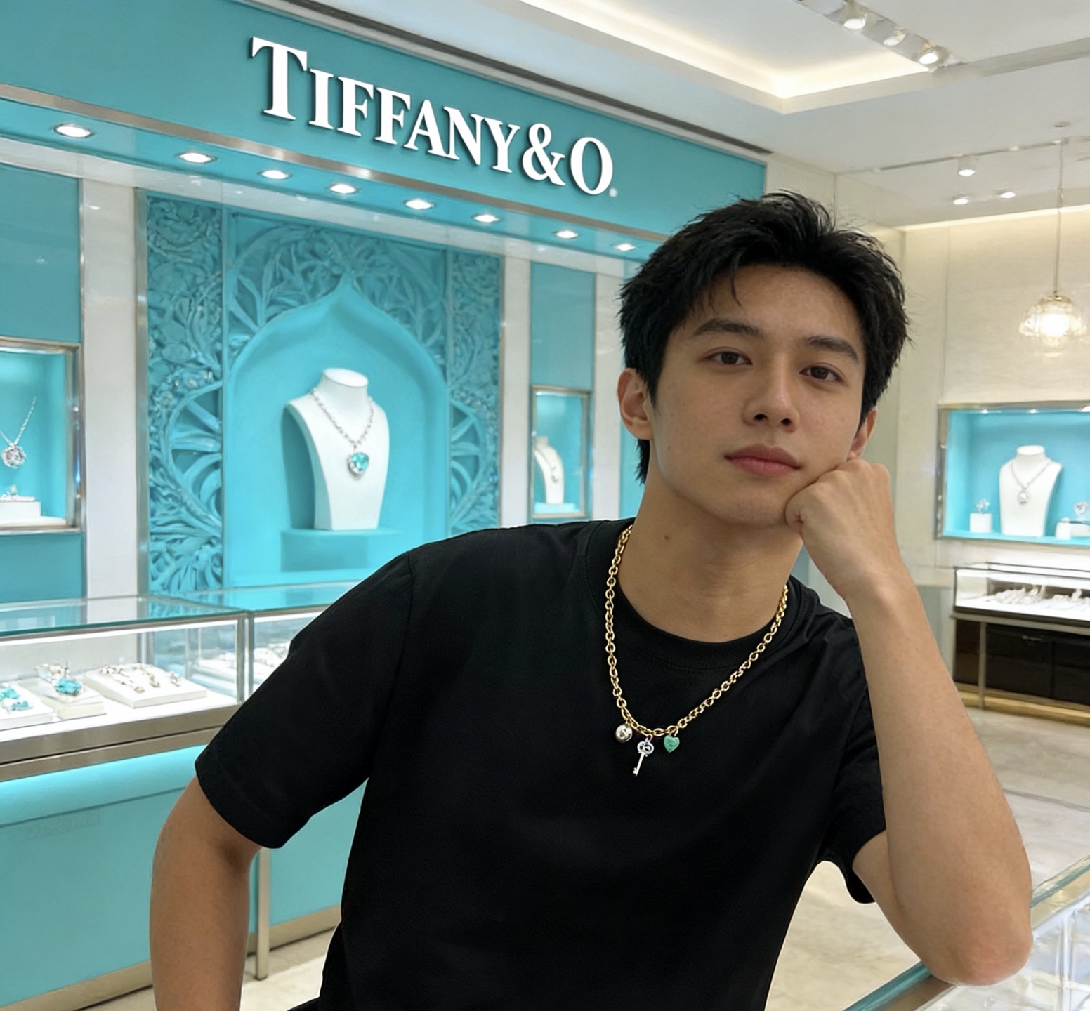 Tiffany Co Return to Tiffany Charms necklace gold-tone metal silver-tone metal turquoise blue enamel clear diamond accents 18 inches