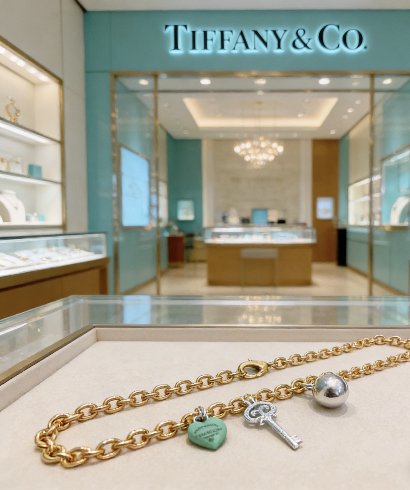 Tiffany Co Return to Tiffany Charms necklace gold-tone metal silver-tone metal turquoise blue enamel clear diamond accents 18 inches