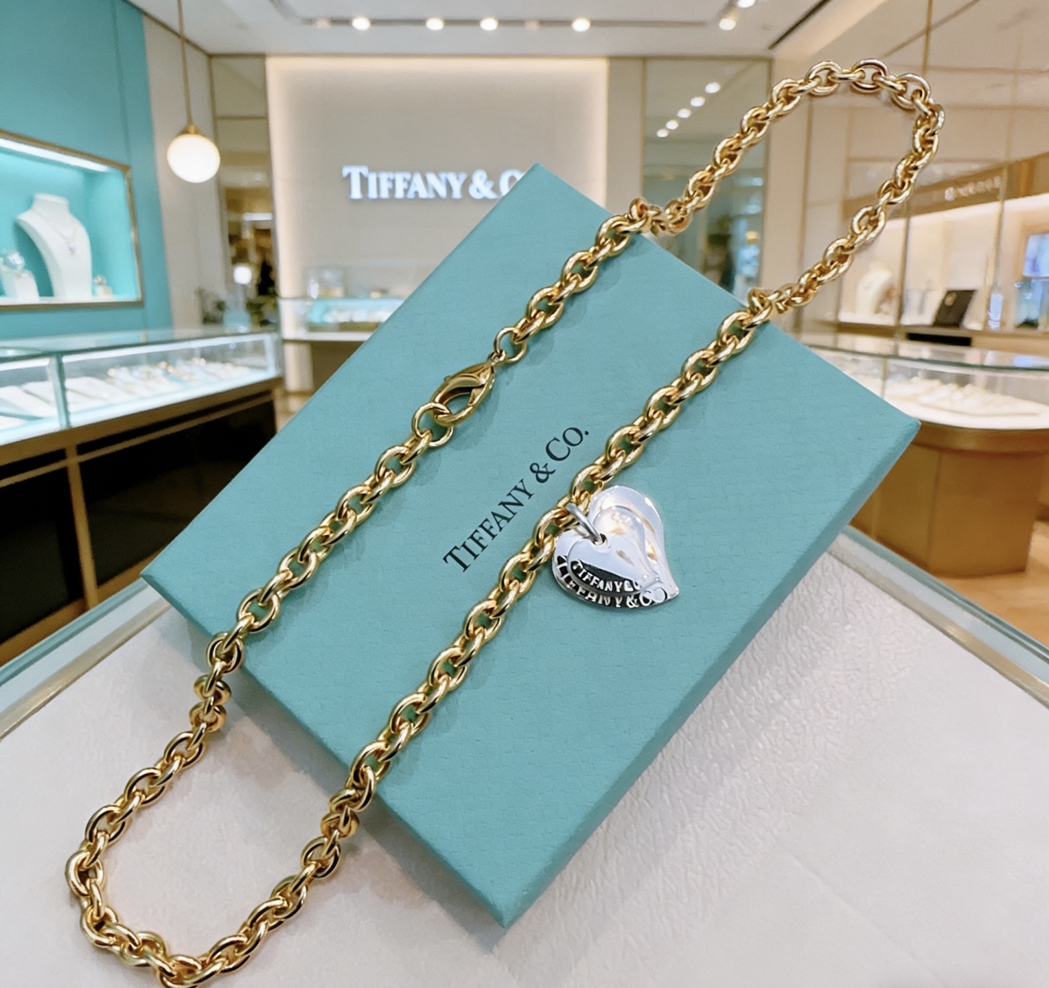 Tiffany Co Heart Tag necklace gold-tone metal chain silver-tone heart pendant 18 inches