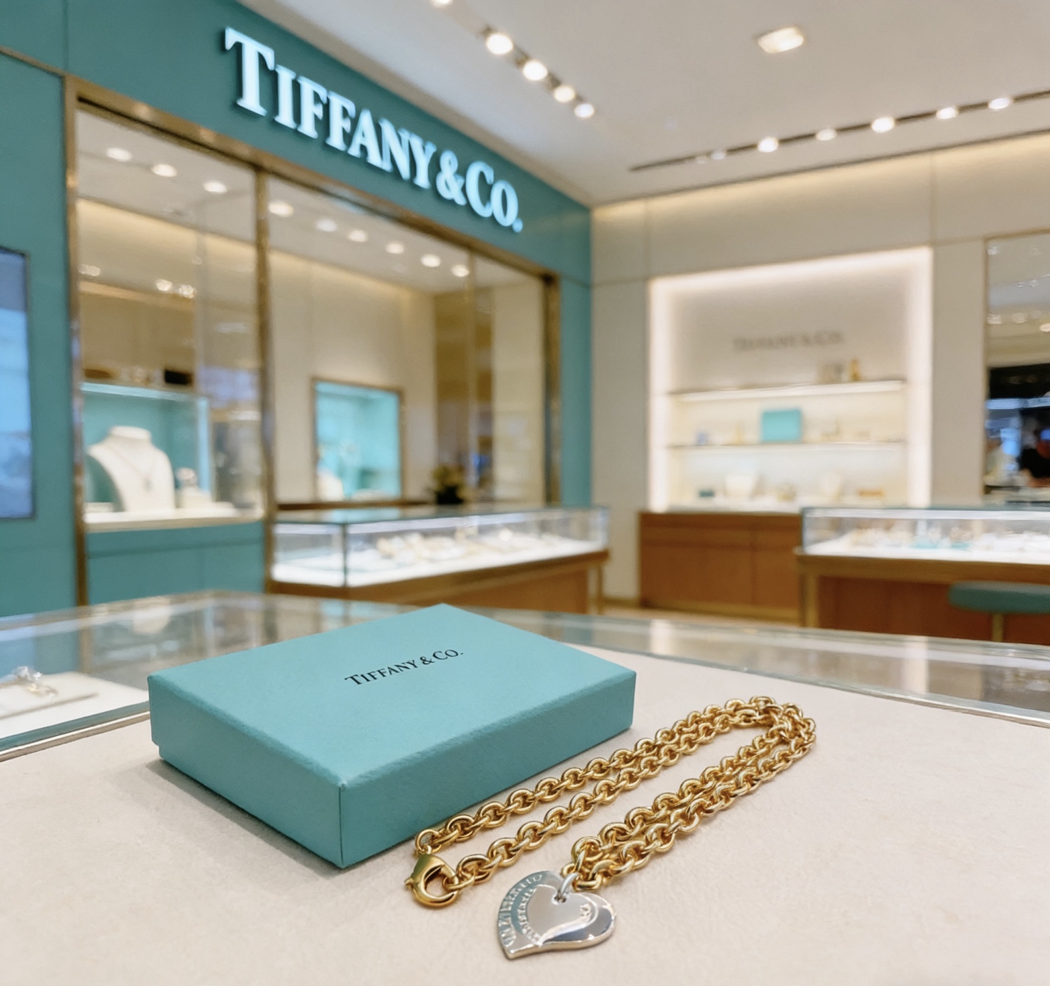 Tiffany Co Heart Tag necklace gold-tone metal chain silver-tone heart pendant 18 inches