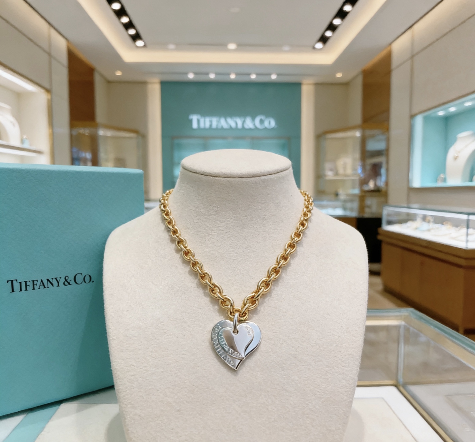 Tiffany Co Heart Tag necklace gold-tone metal chain silver-tone heart pendant 18 inches