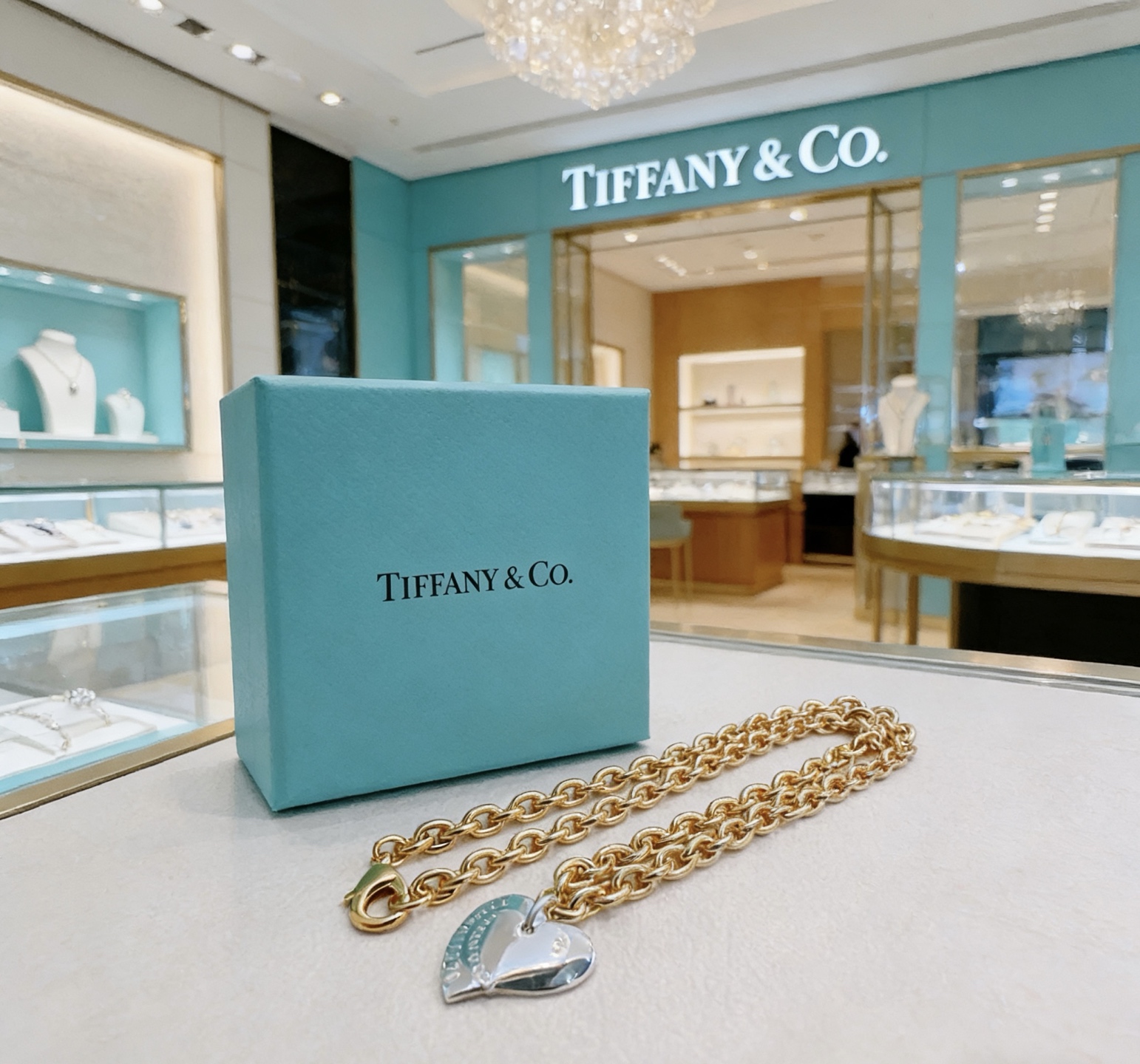Tiffany Co Heart Tag necklace gold-tone metal chain silver-tone heart pendant 18 inches