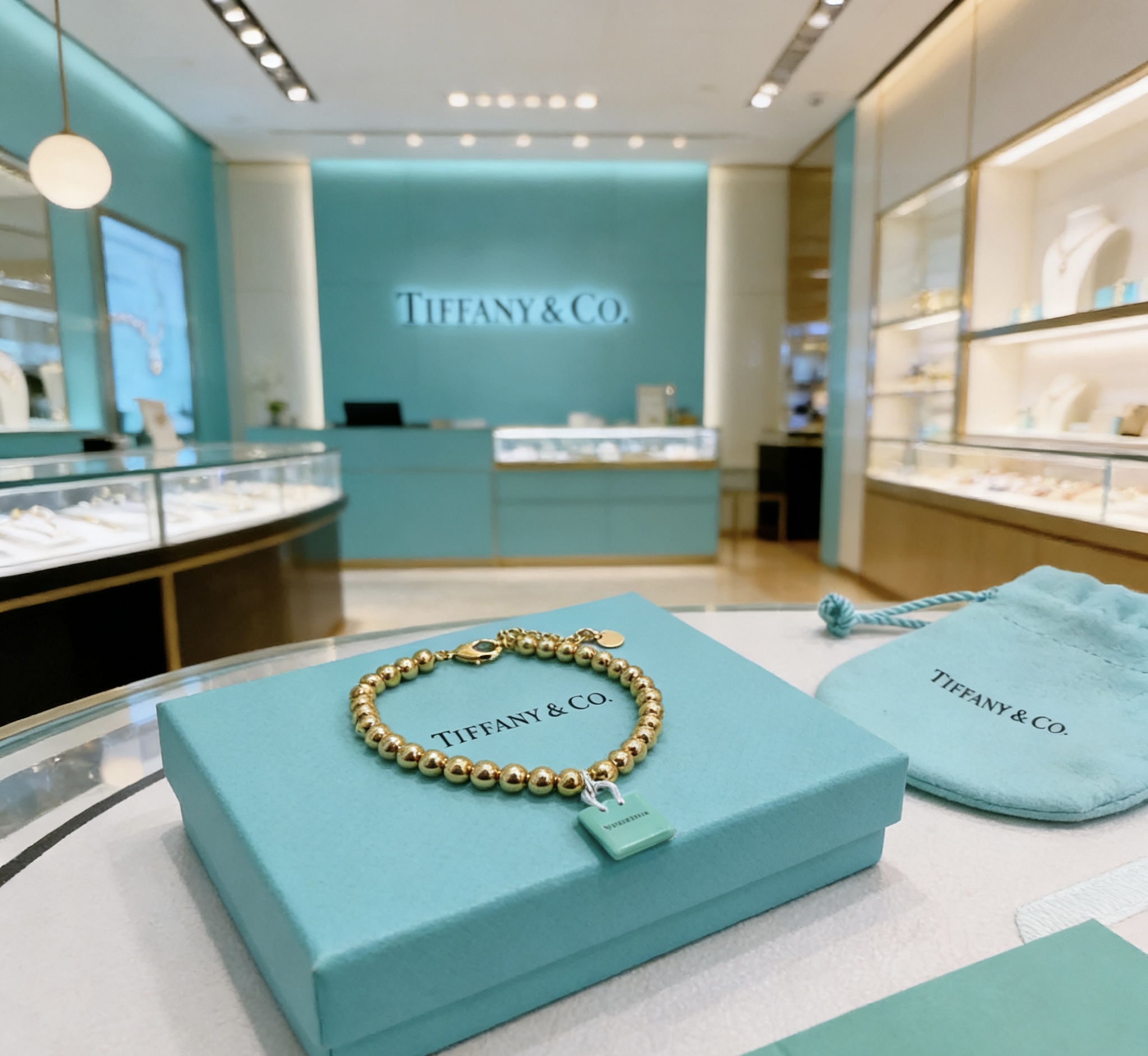 Tiffany Co Return to Tiffany Blue Padlock Charm Bead Collection necklace 18k gold tone metal with signature Tiffany blue enamel padlock charm silver tone hardware 18 inches