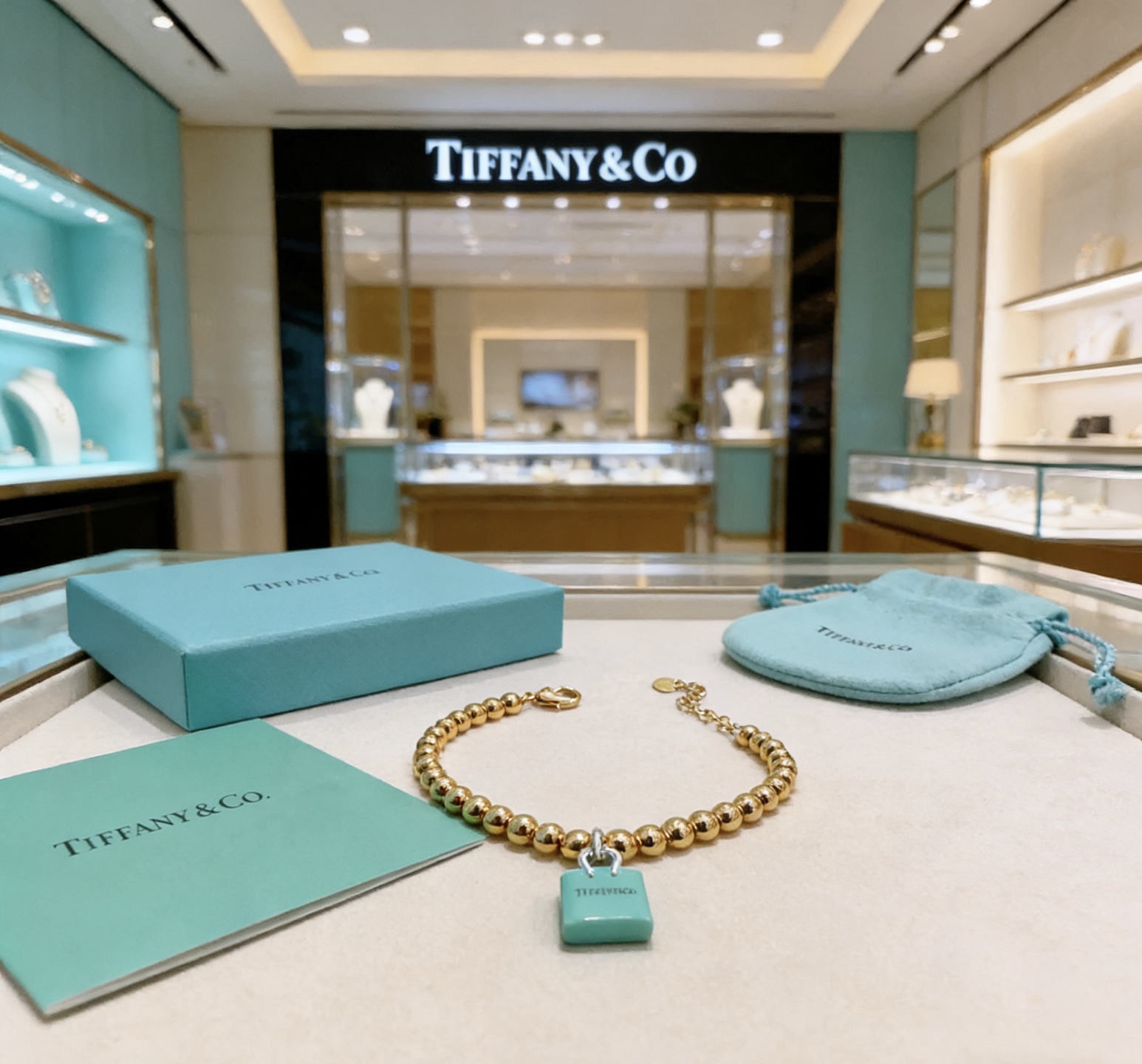 Tiffany Co Return to Tiffany Blue Padlock Charm Bead Collection necklace 18k gold tone metal with signature Tiffany blue enamel padlock charm silver tone hardware 18 inches