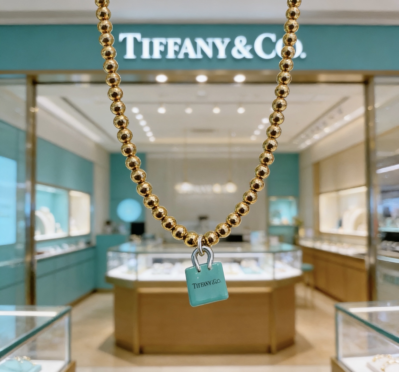Tiffany Co Return to Tiffany Blue Padlock Charm Bead Collection necklace 18k gold tone metal with signature Tiffany blue enamel padlock charm silver tone hardware 18 inches