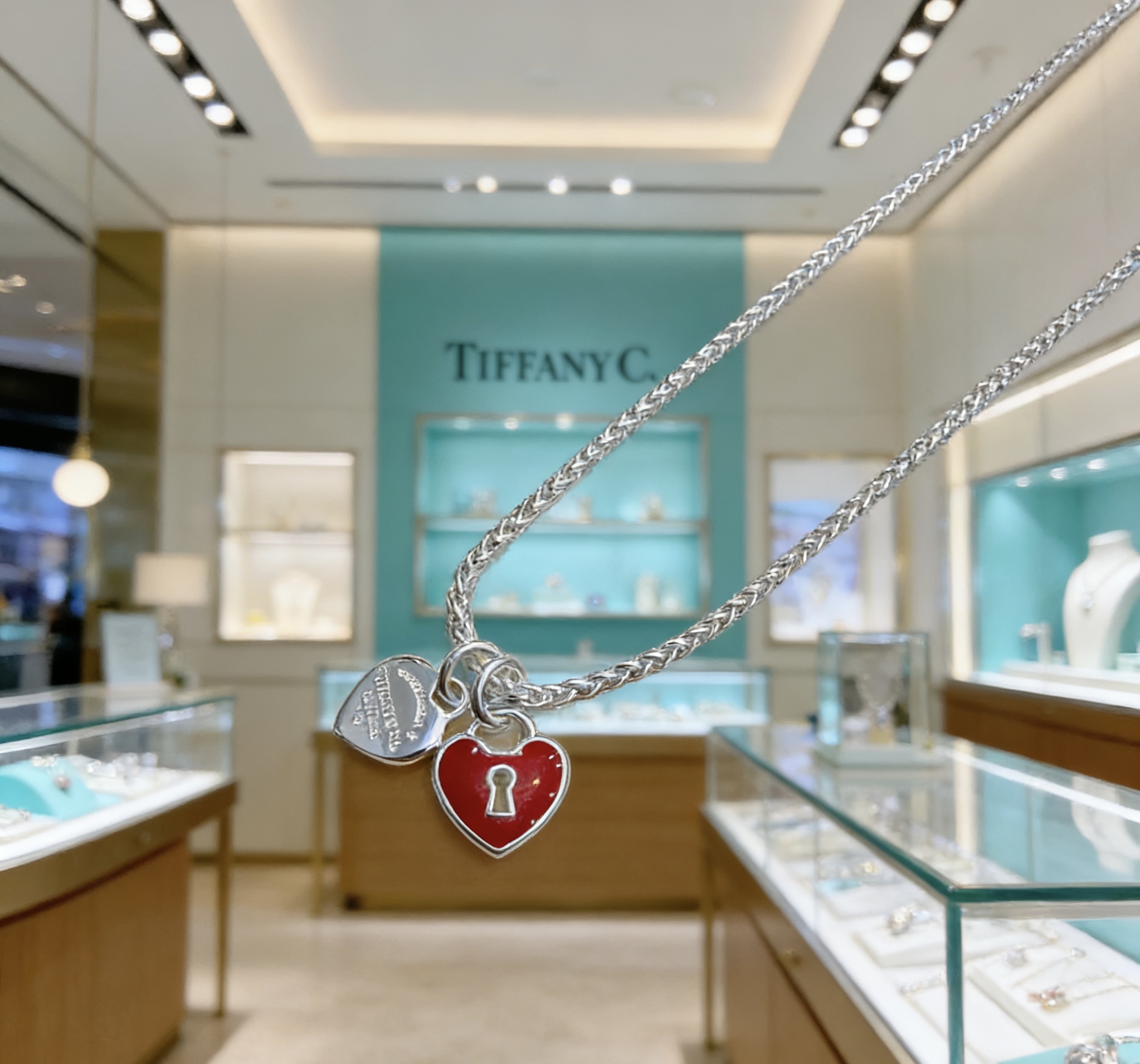 Tiffany Co Return to Tiffany Heart Lock necklace sterling silver with red enamel 18 inches