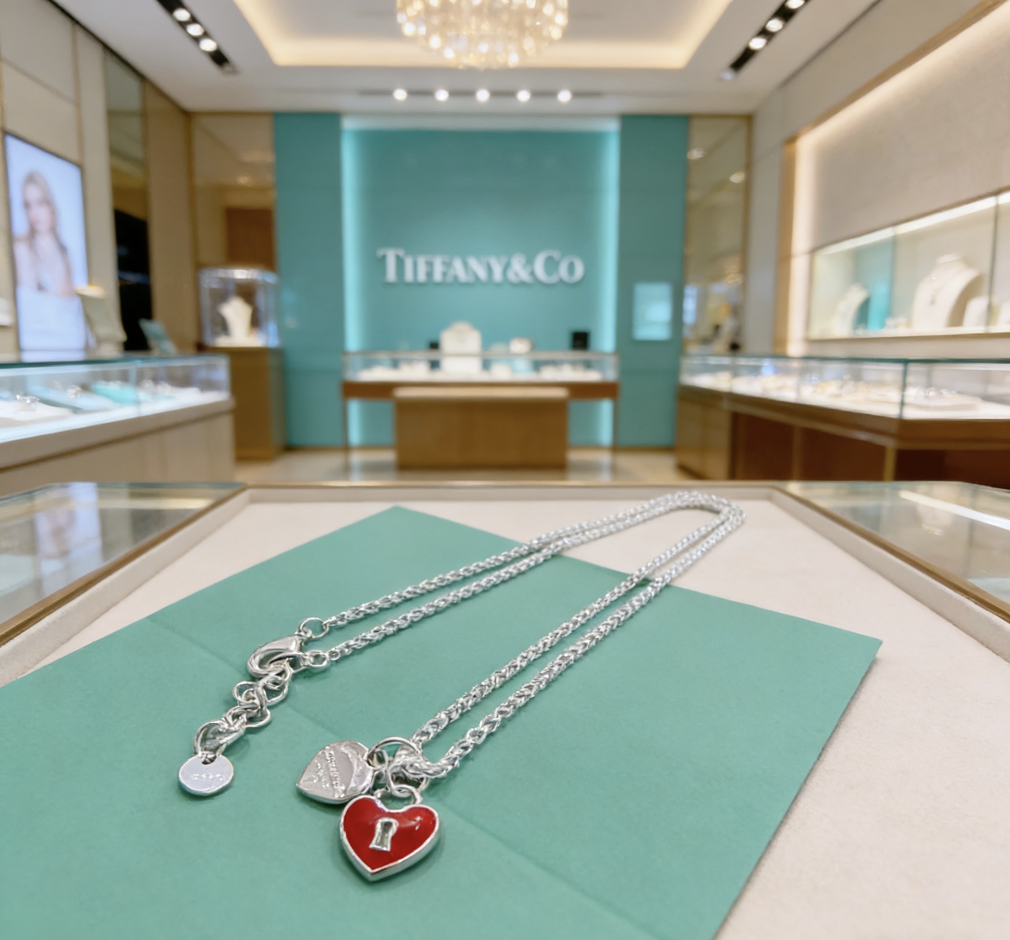 Tiffany Co Return to Tiffany Heart Lock necklace sterling silver with red enamel 18 inches