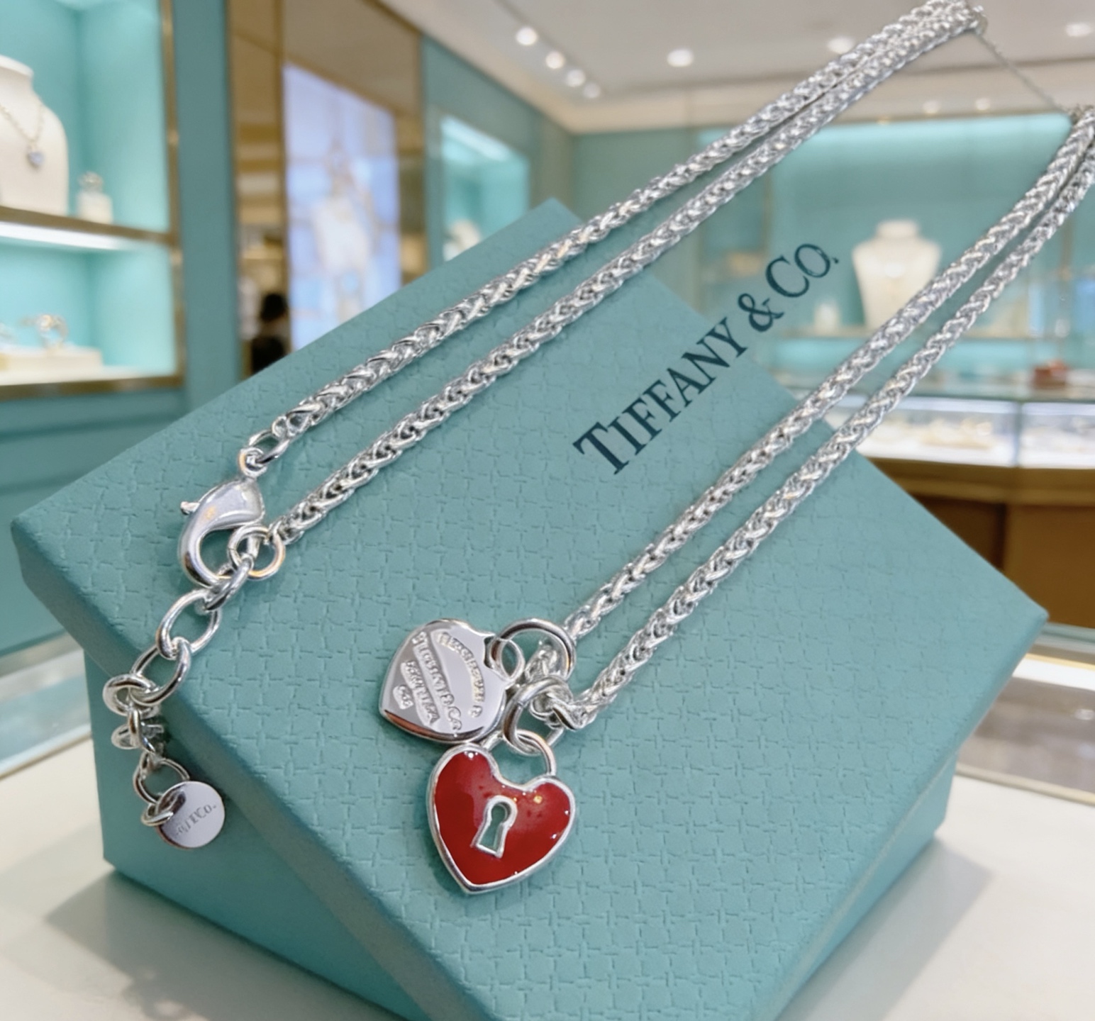 Tiffany Co Return to Tiffany Heart Lock necklace sterling silver with red enamel 18 inches